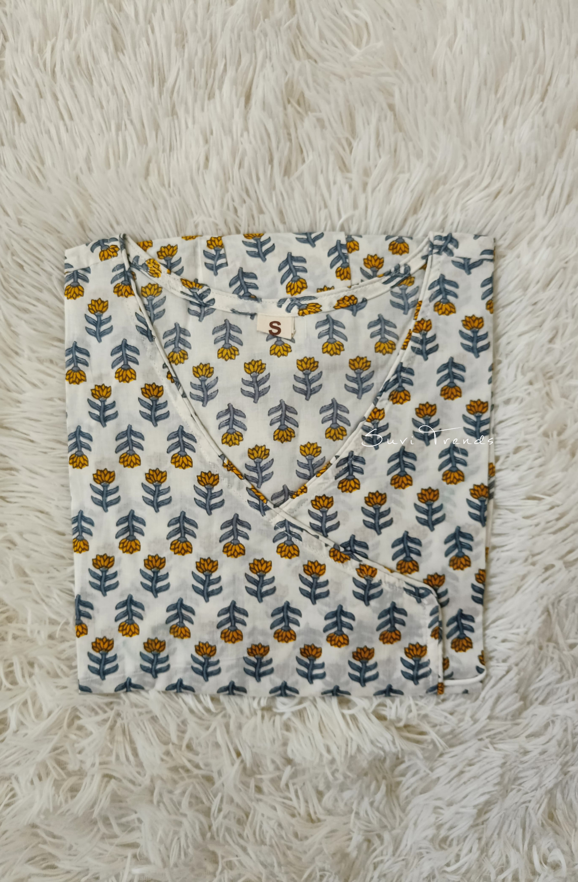 Floral Printed Angrakha Top - White