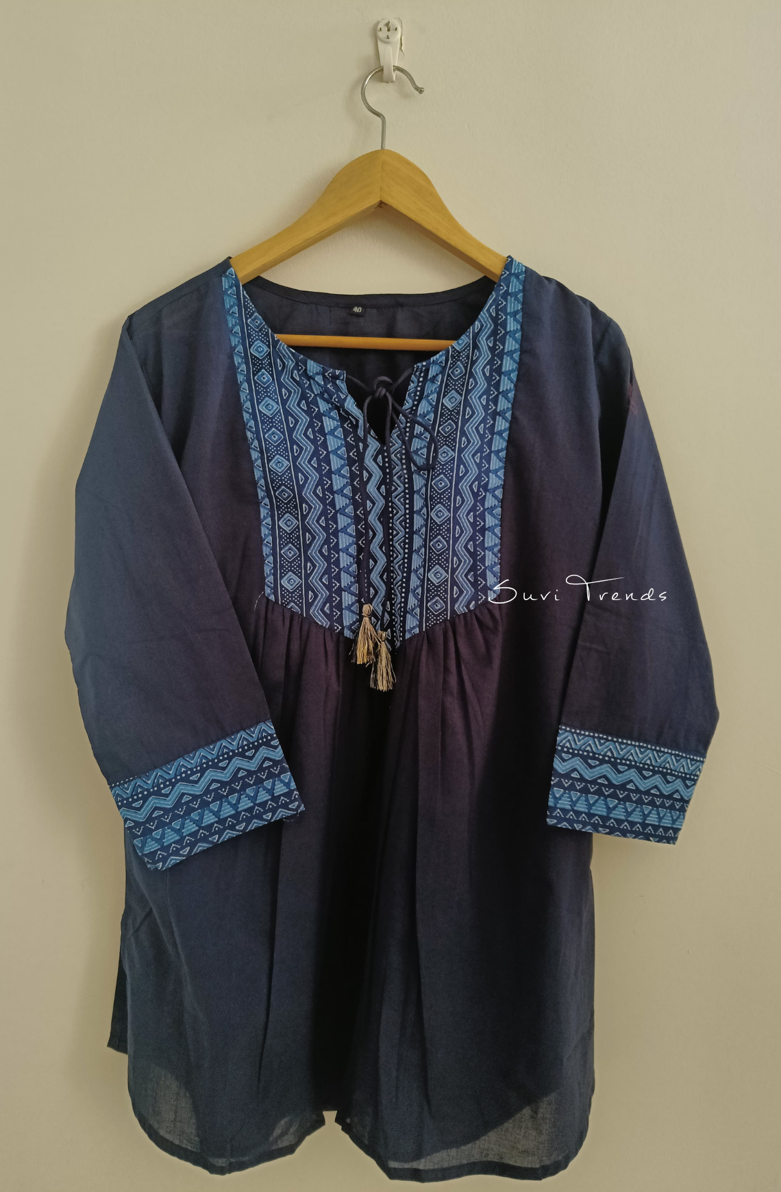 Yoke Printed Designer Top with Tassels - Blue