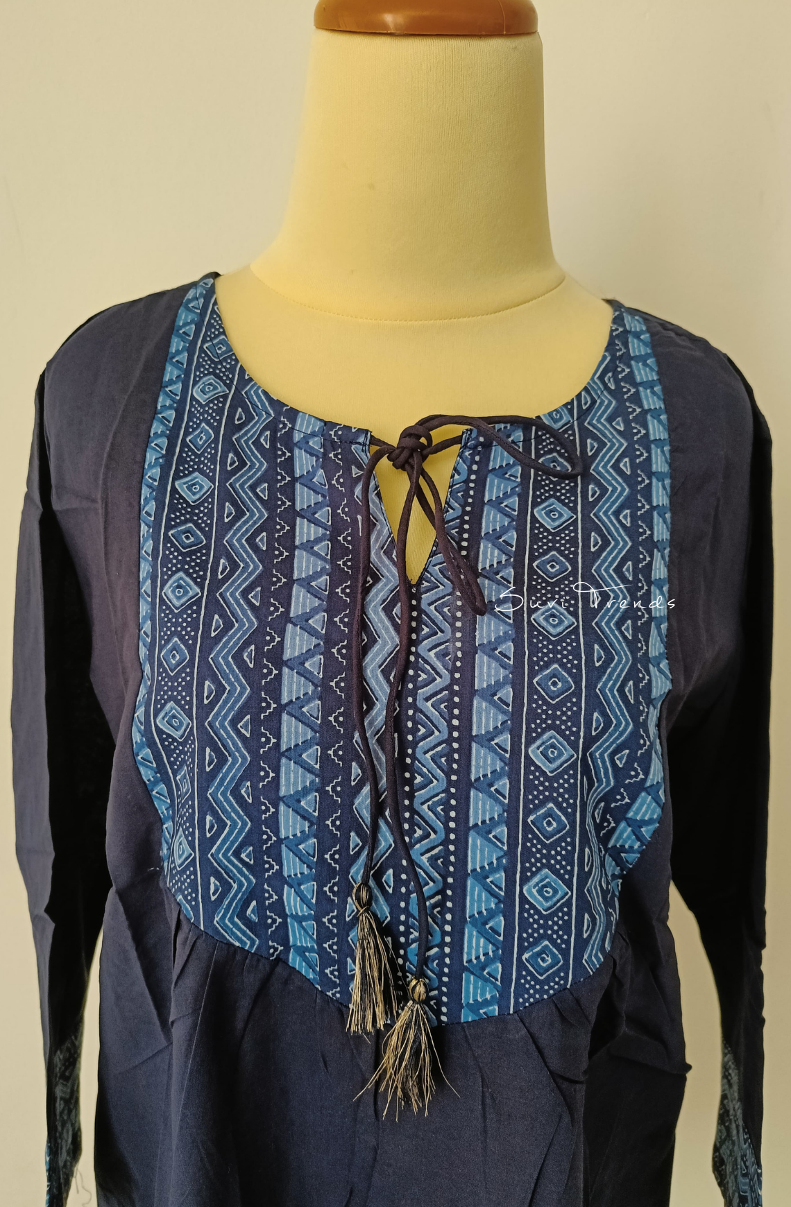Yoke Printed Designer Top with Tassels - Blue