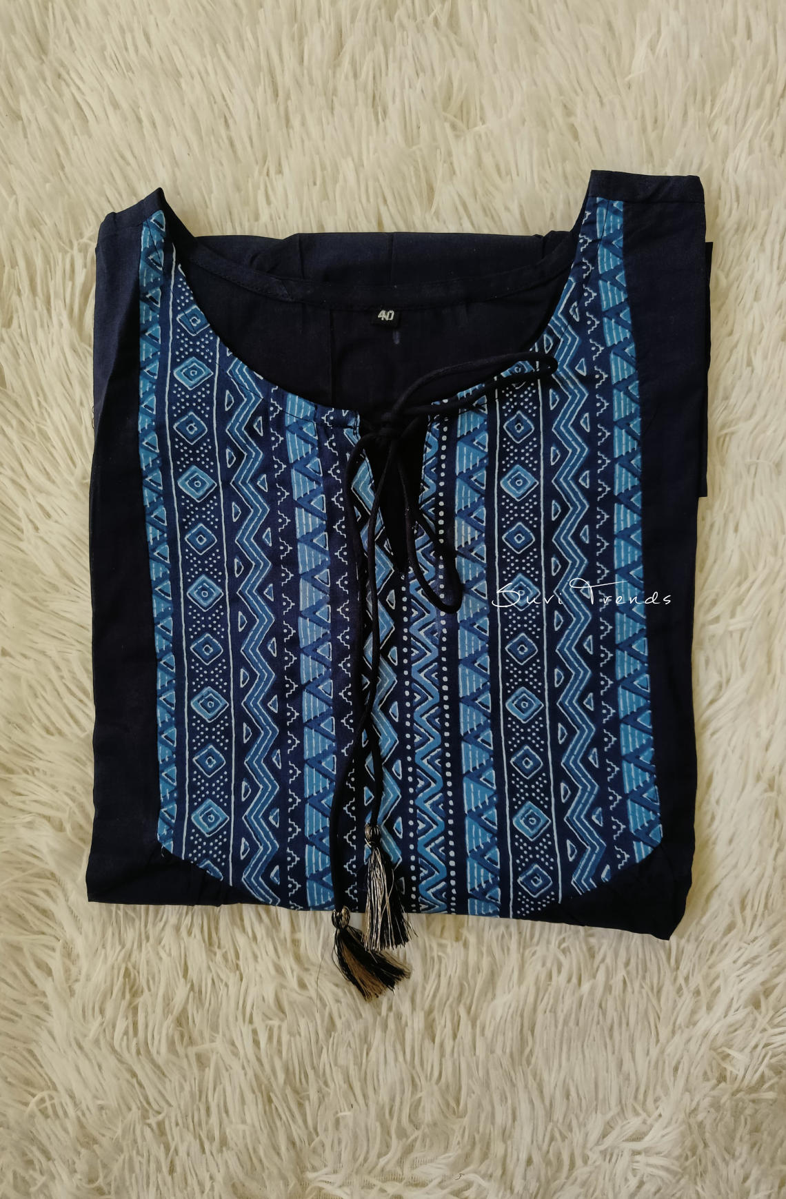 Yoke Printed Designer Top with Tassels - Blue