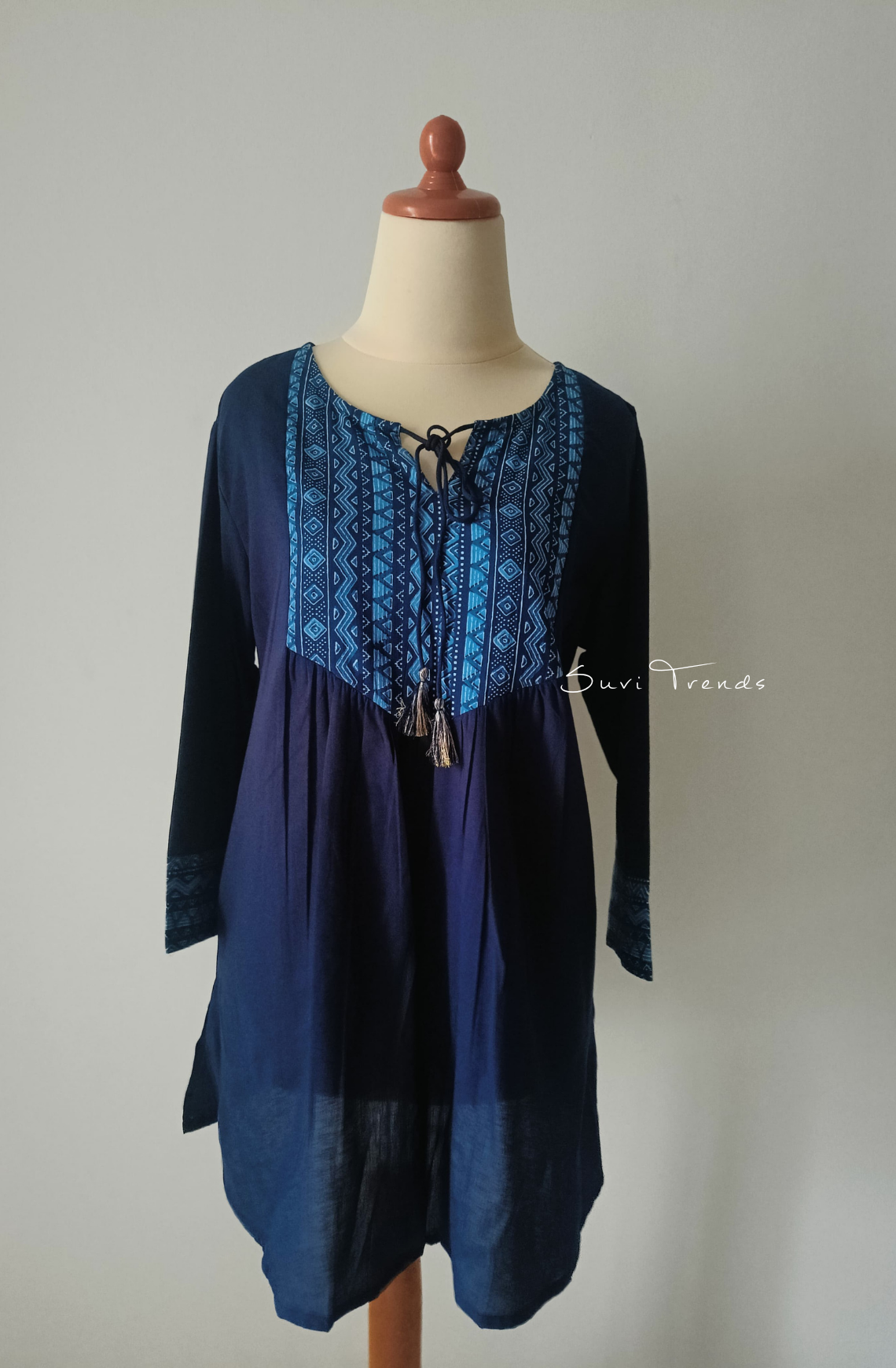 Yoke Printed Designer Top with Tassels - Blue