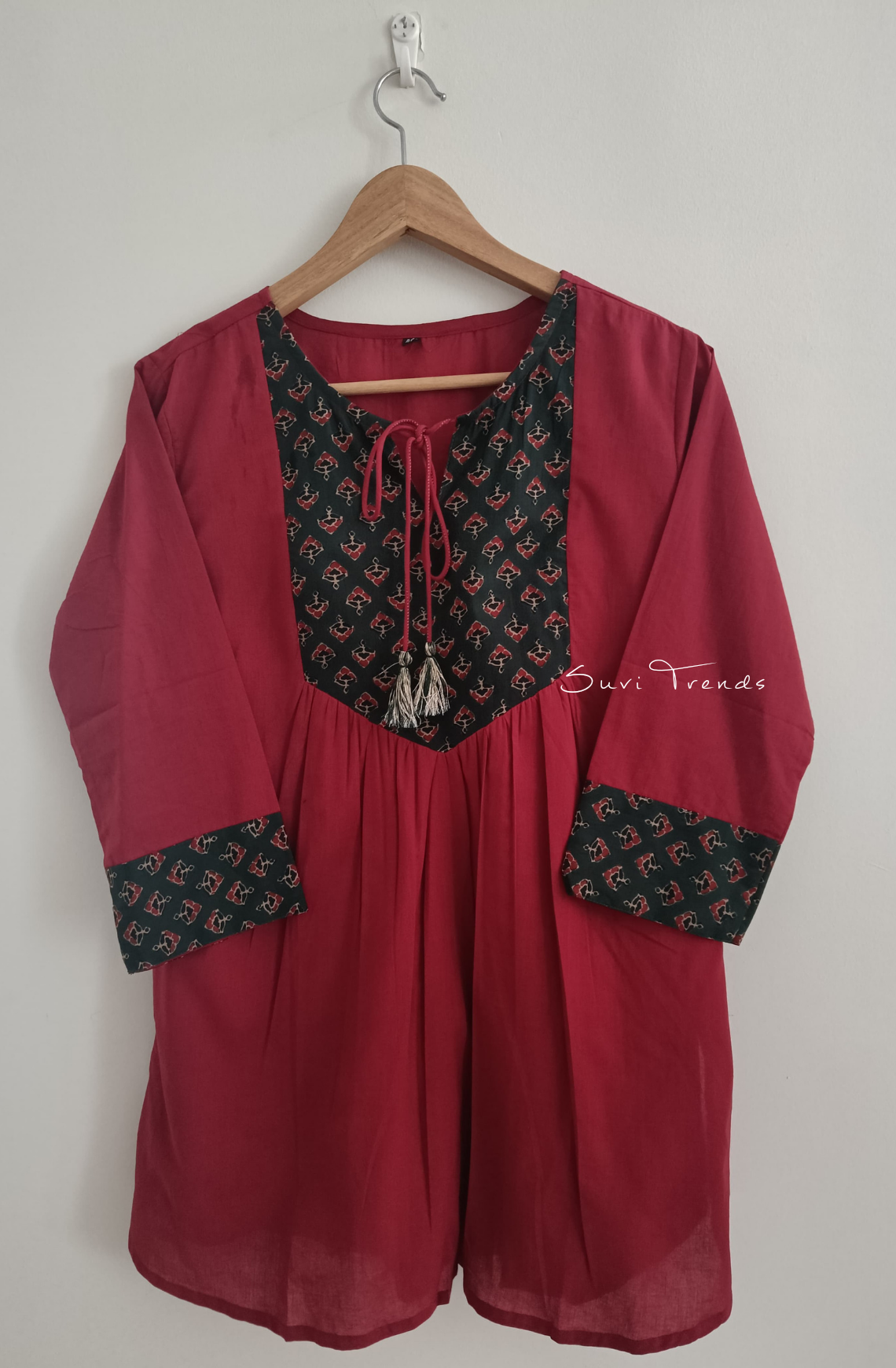 Yoke Printed Designer Top with Tassels - Red