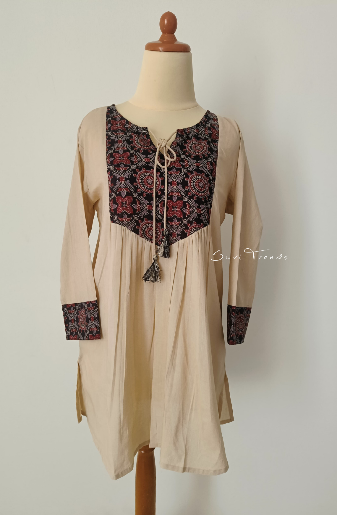 Ajrakh Printed Designer Top with Tassels - Off White