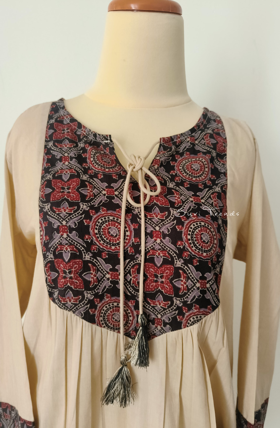 Ajrakh Printed Designer Top with Tassels - Off White