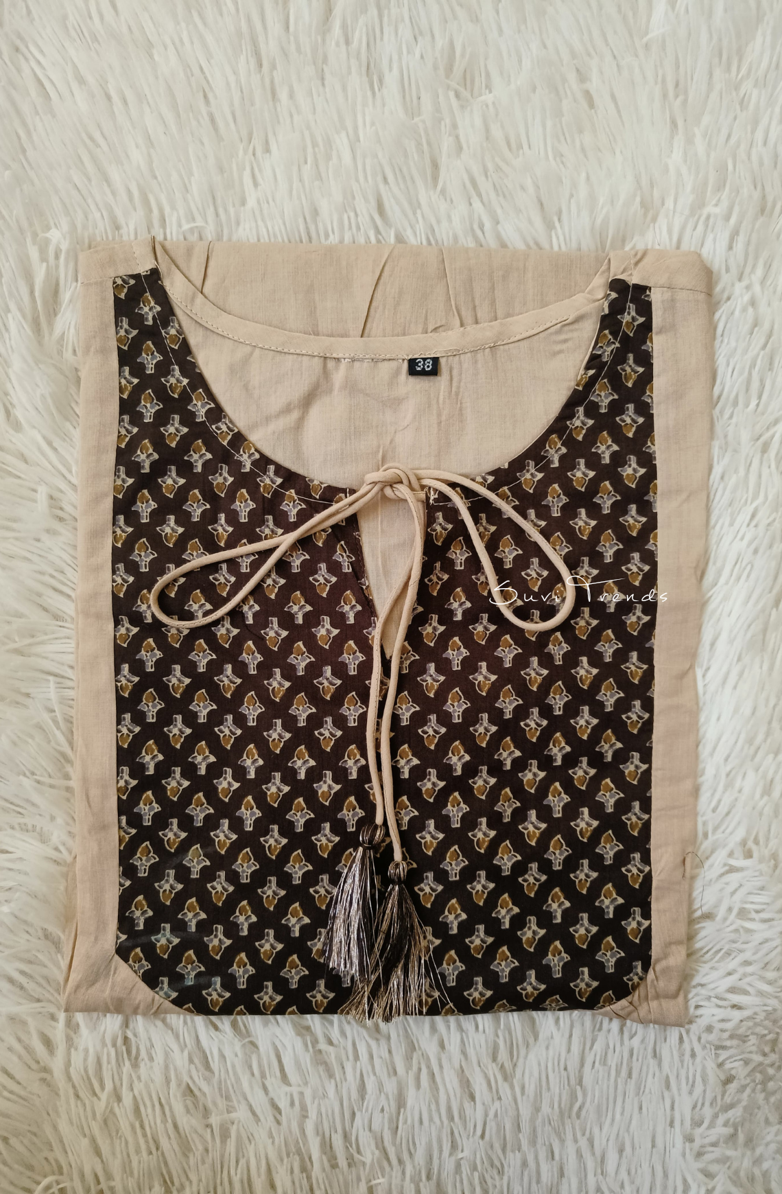 Yoke Printed Designer Top with Tassels - Off White