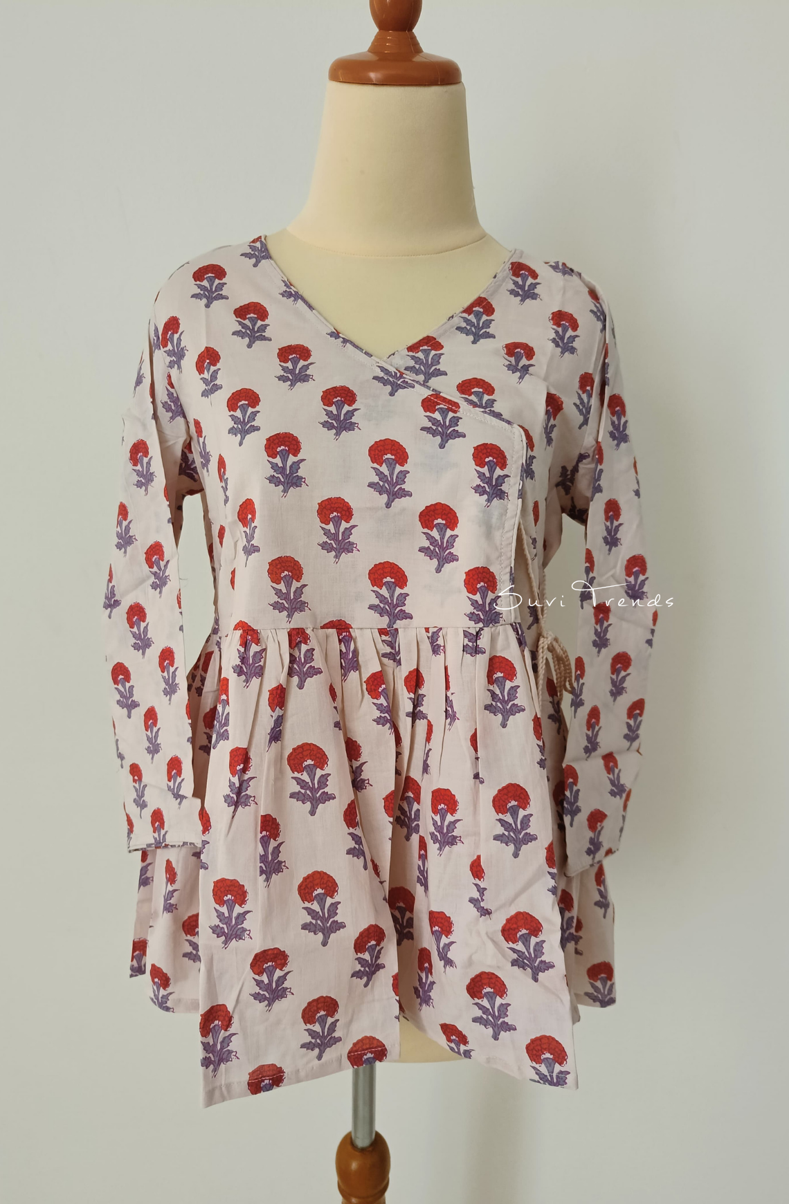 Floral Printed Angrakha Top - Off White