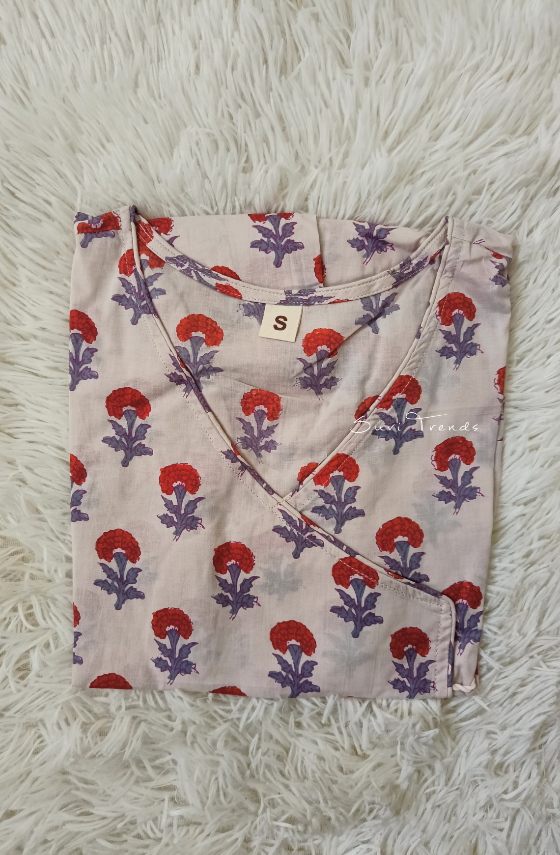 Floral Printed Angrakha Top - Off White