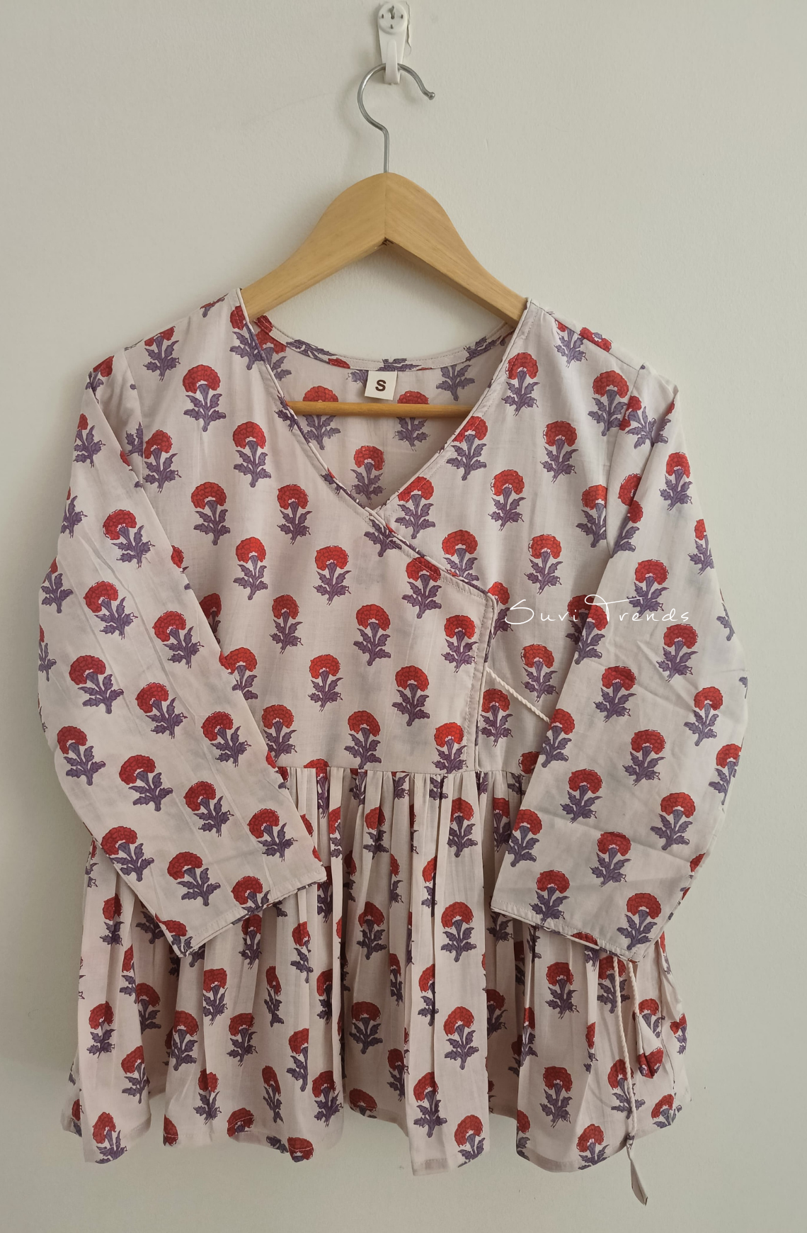 Floral Printed Angrakha Top - Off White