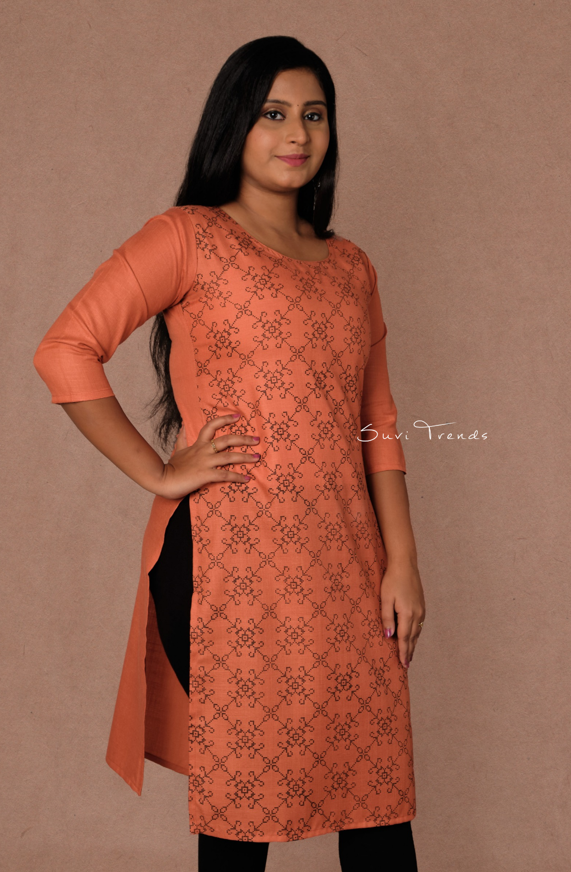 Cotton Printed Straight Kurta - Peach