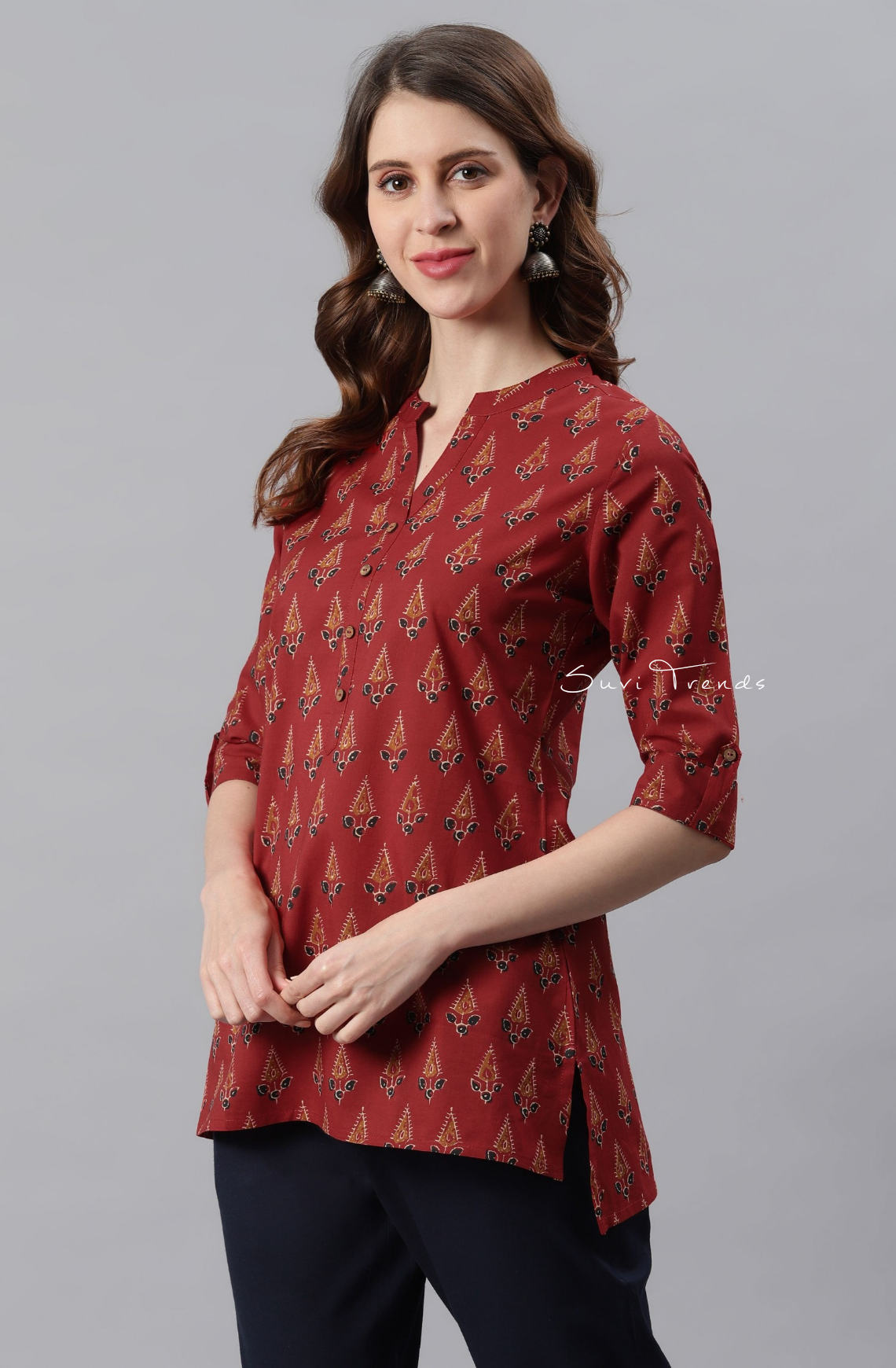 Pure Cotton Ethnic Motif Straight Kurti - Red
