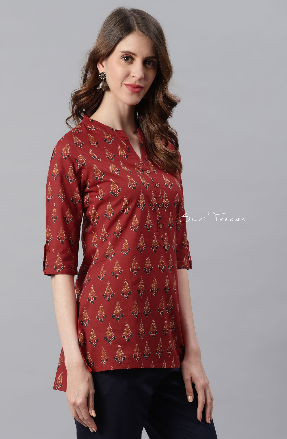 Pure Cotton Ethnic Motif Straight Kurti - Red
