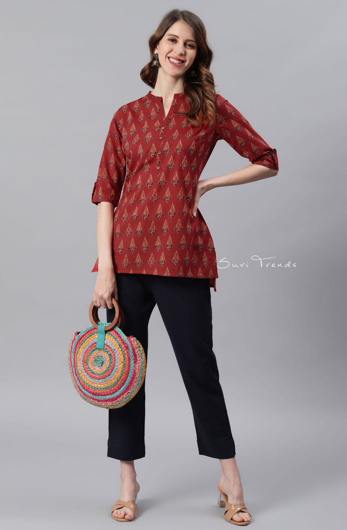 Pure Cotton Ethnic Motif Straight Kurti - Red
