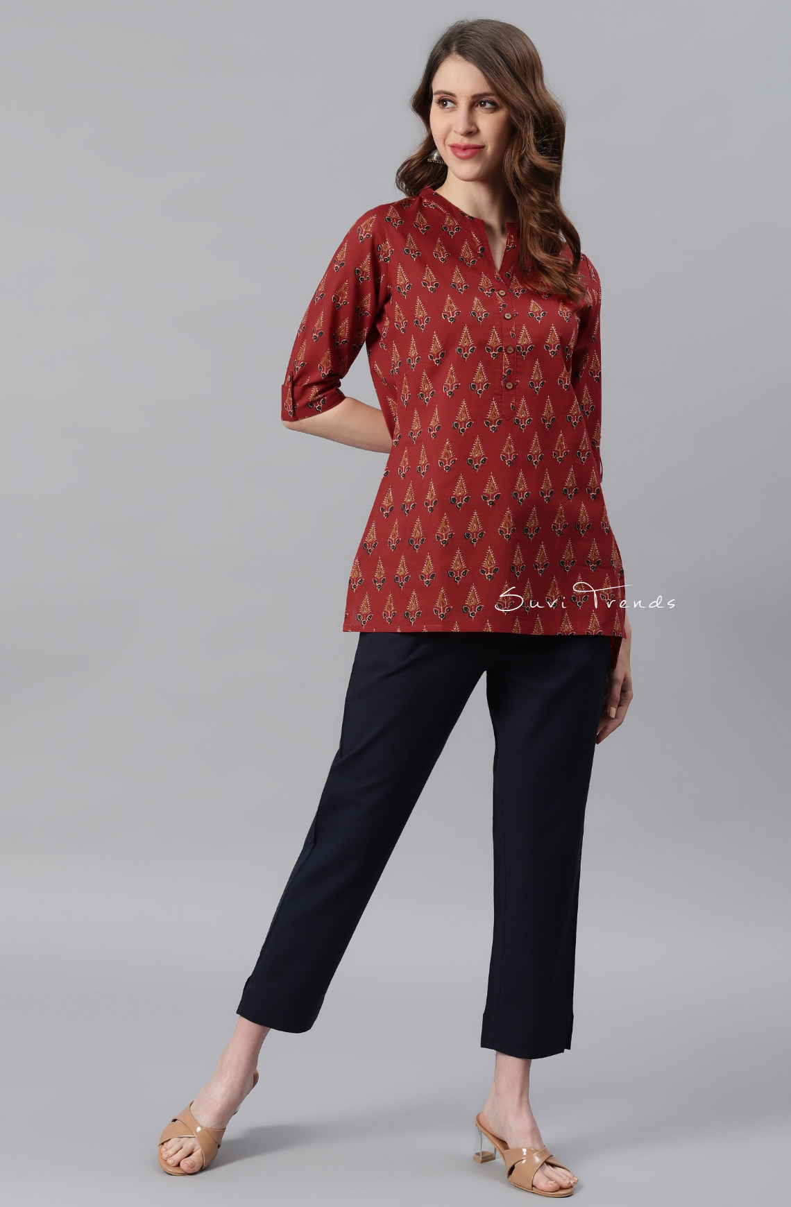 Pure Cotton Ethnic Motif Straight Kurti - Red