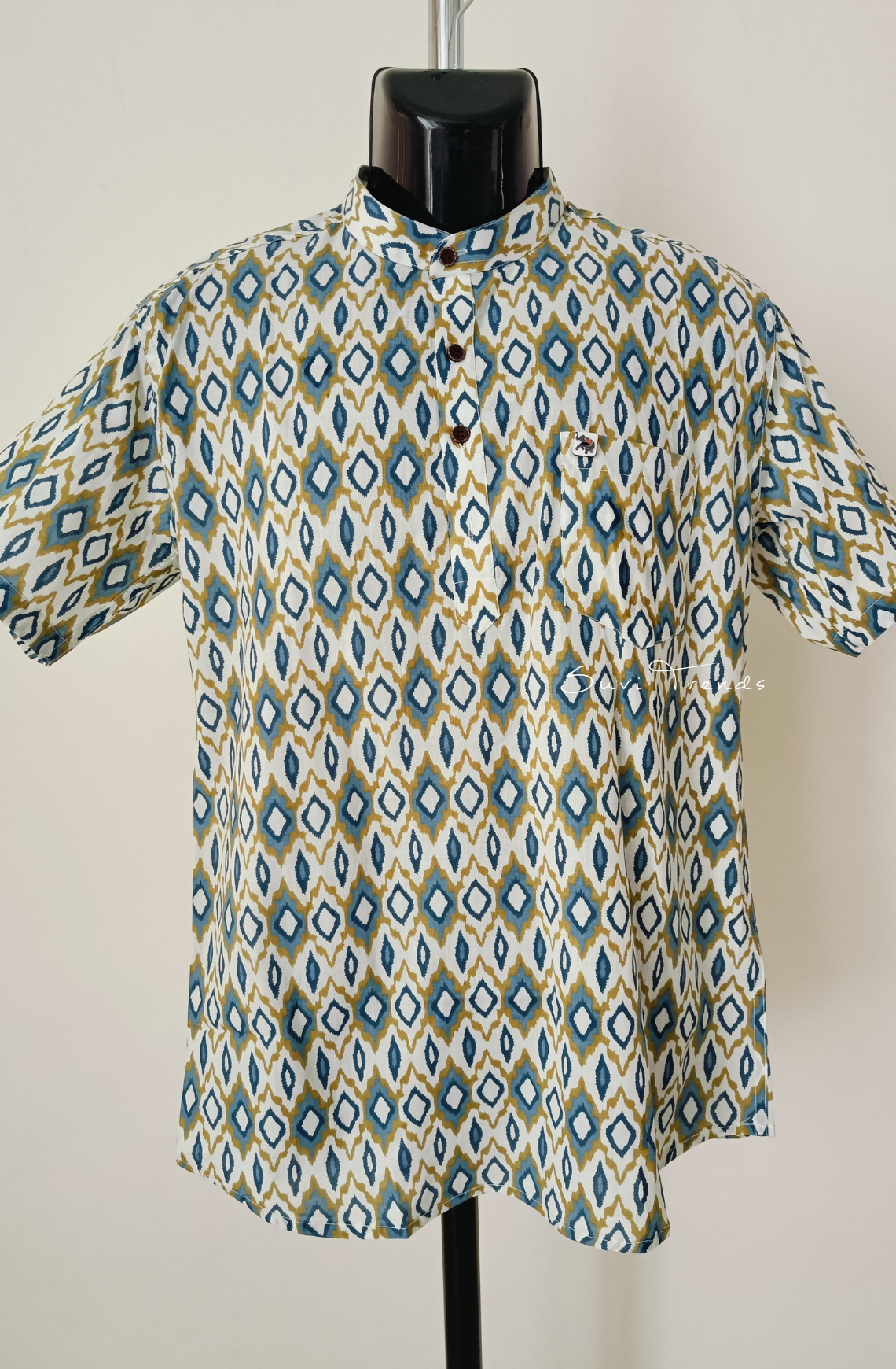 Men's Geometric Printed Half Kurta - White