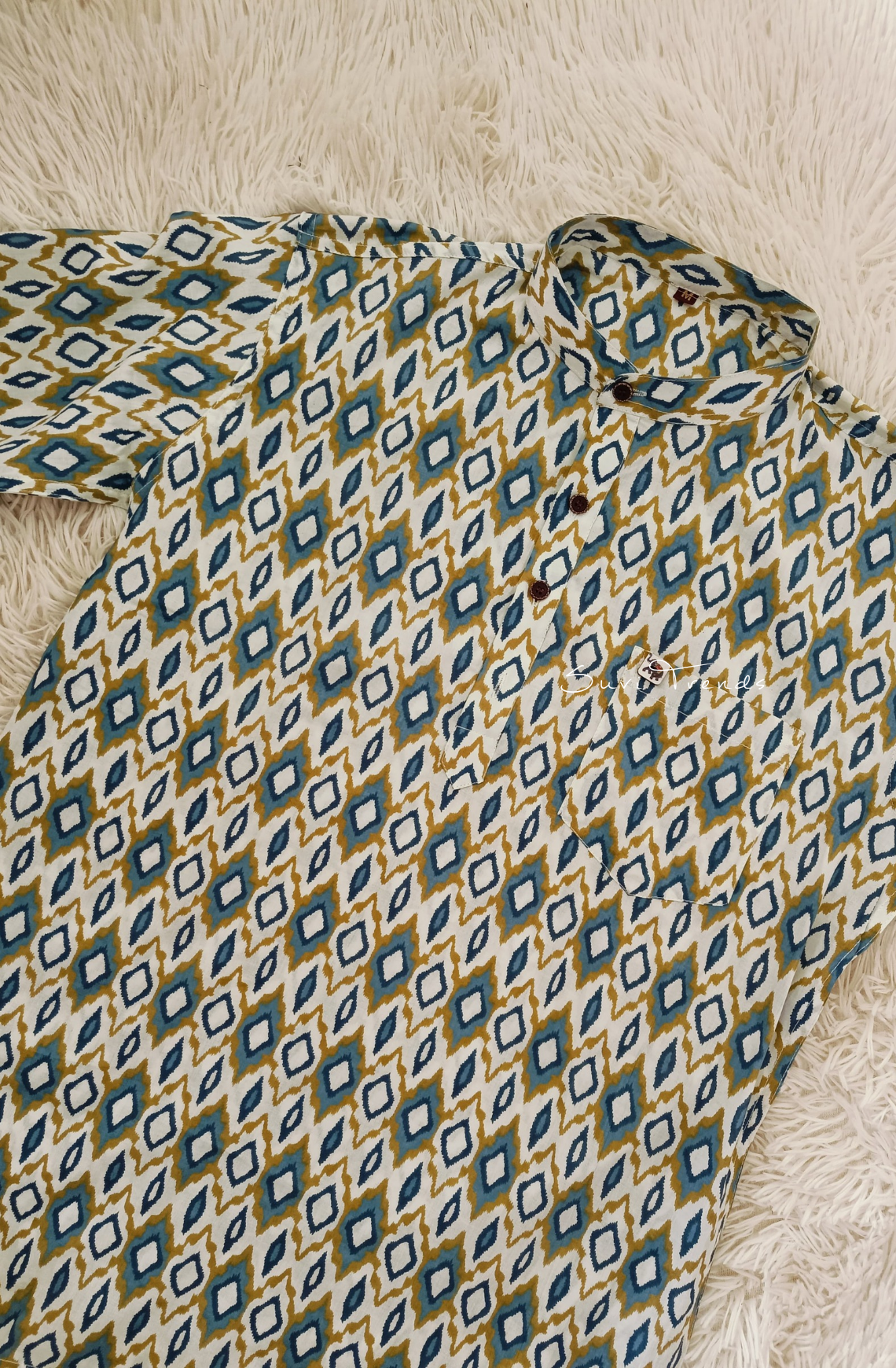 Men's Geometric Printed Half Kurta - White