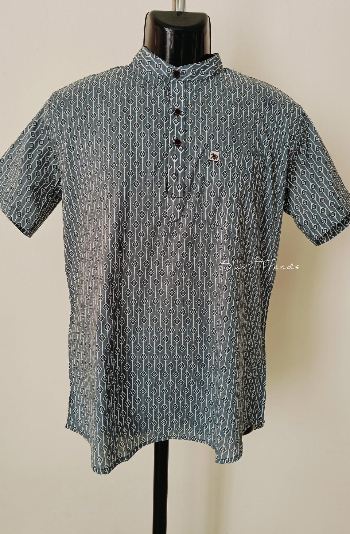 Men's Geometric Printed Half Kurta - Grey