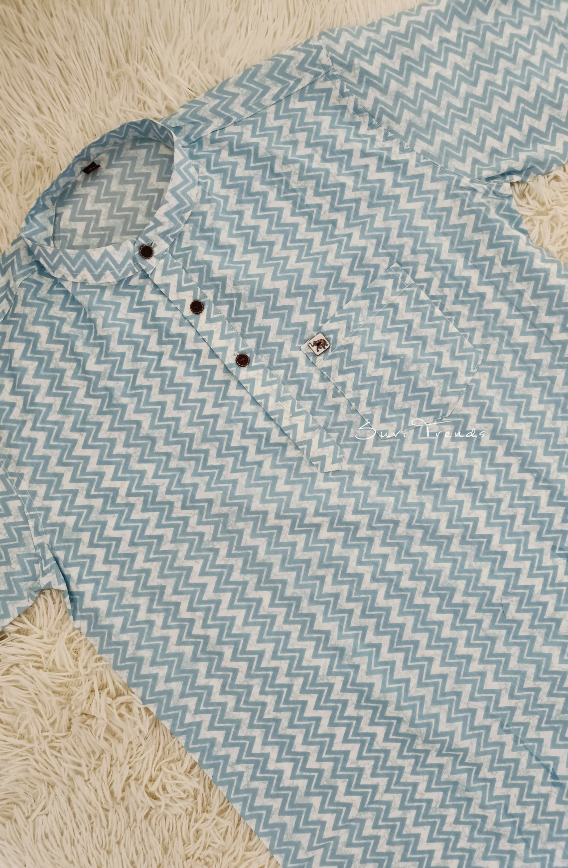 Men's Chevron Printed Half Kurta - Sky Blue