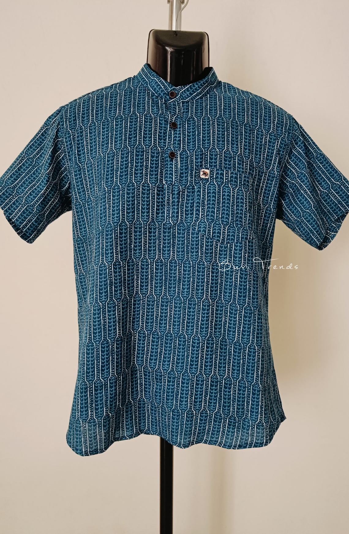 Men's Geometric Printed Half Kurta - Teal