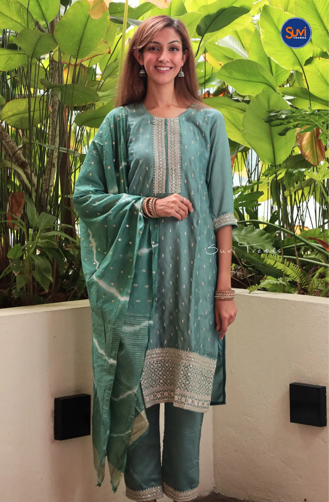 All Over Butta Embroidered Suit Set - Greyish Blue