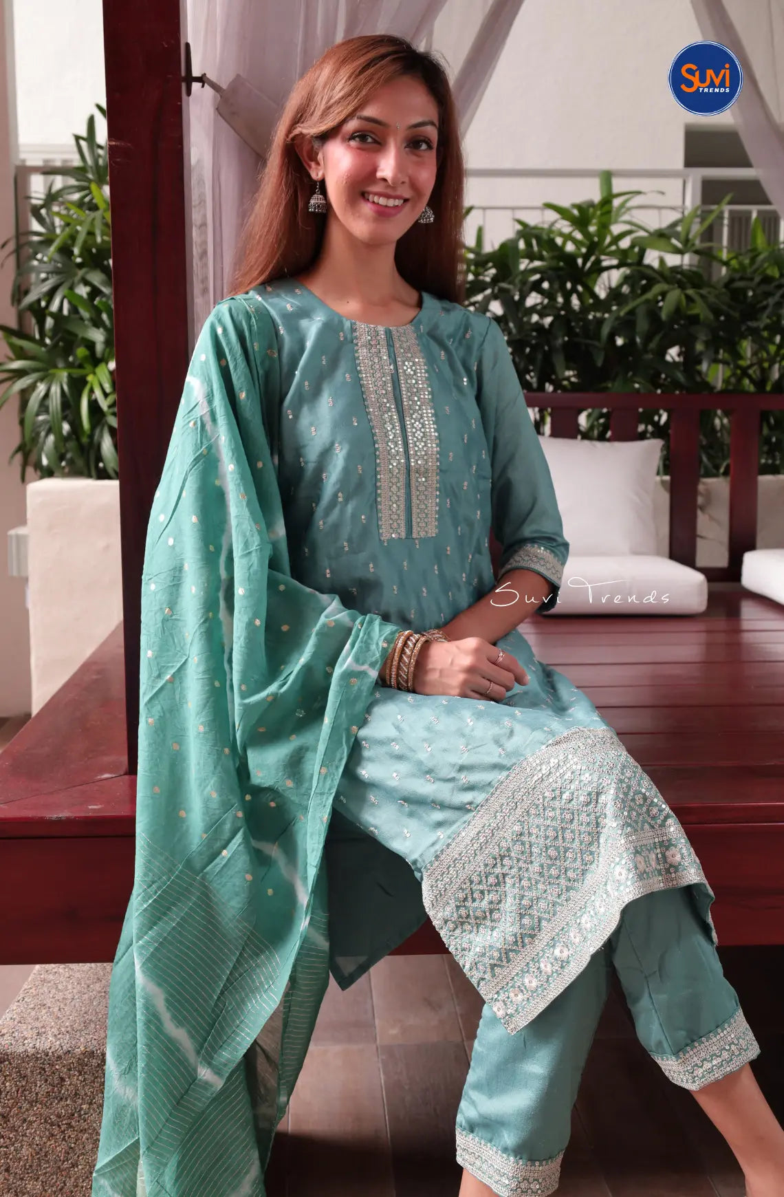 All Over Butta Embroidered Suit Set - Greyish Blue