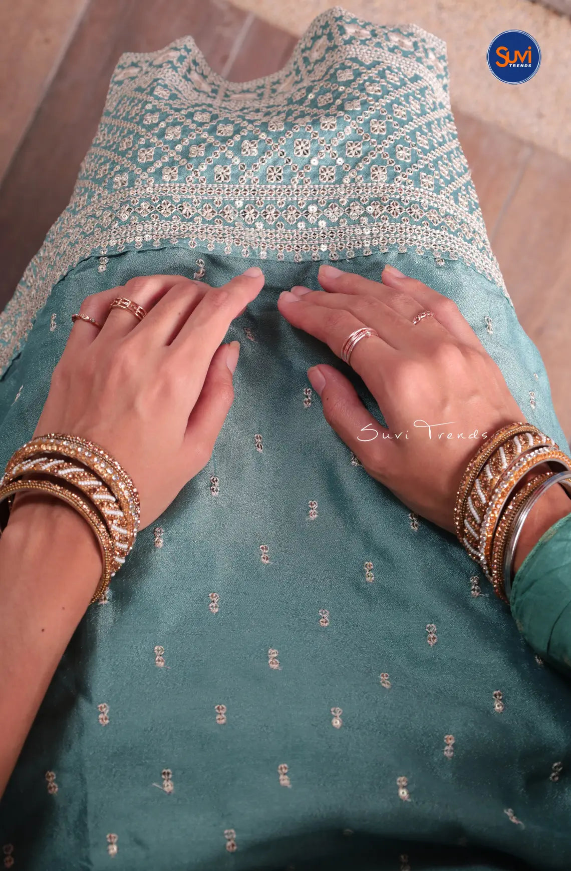 All Over Butta Embroidered Suit Set - Greyish Blue