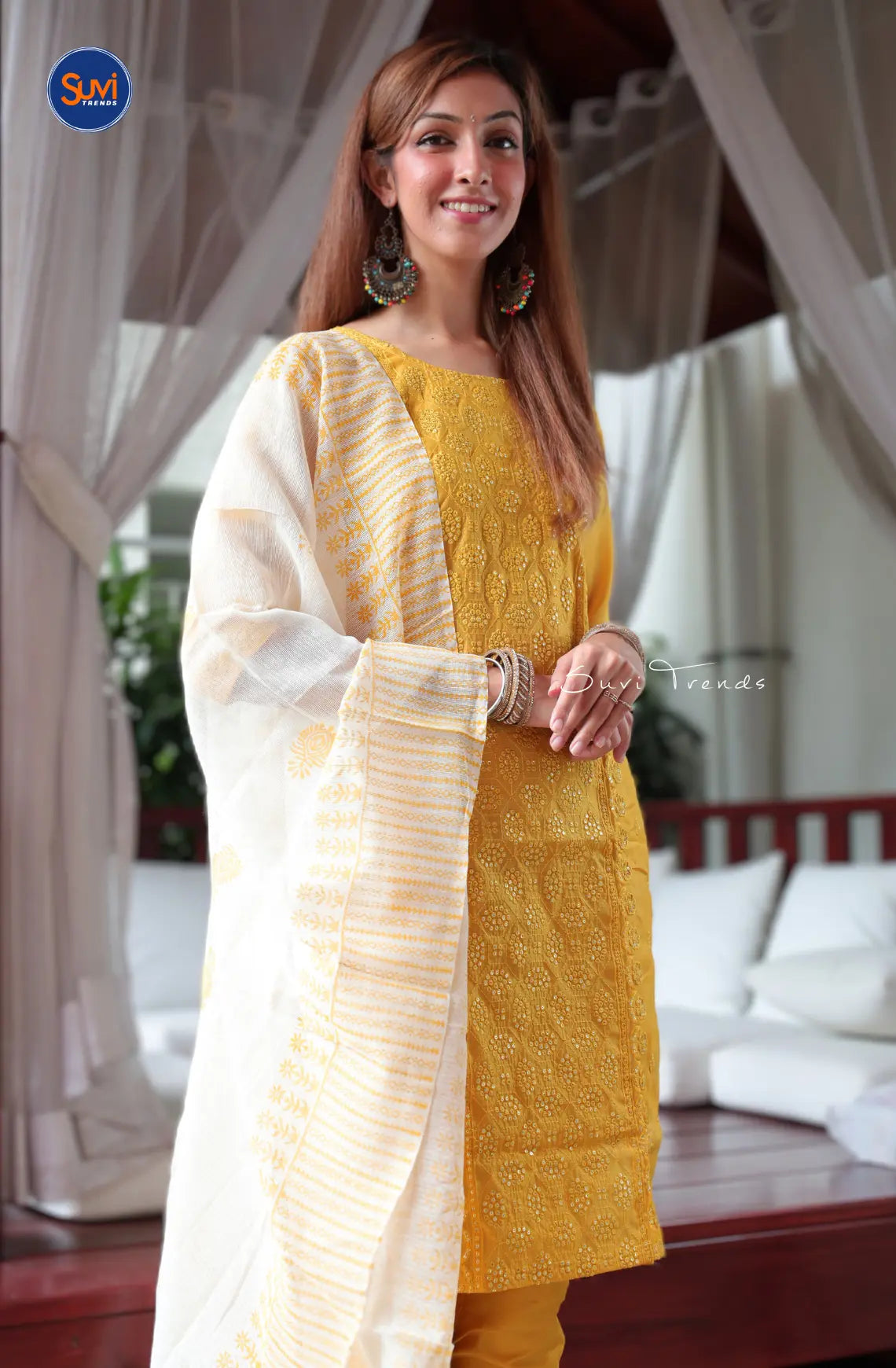 All Over Sequins Embroidered Suit Set - Yellow