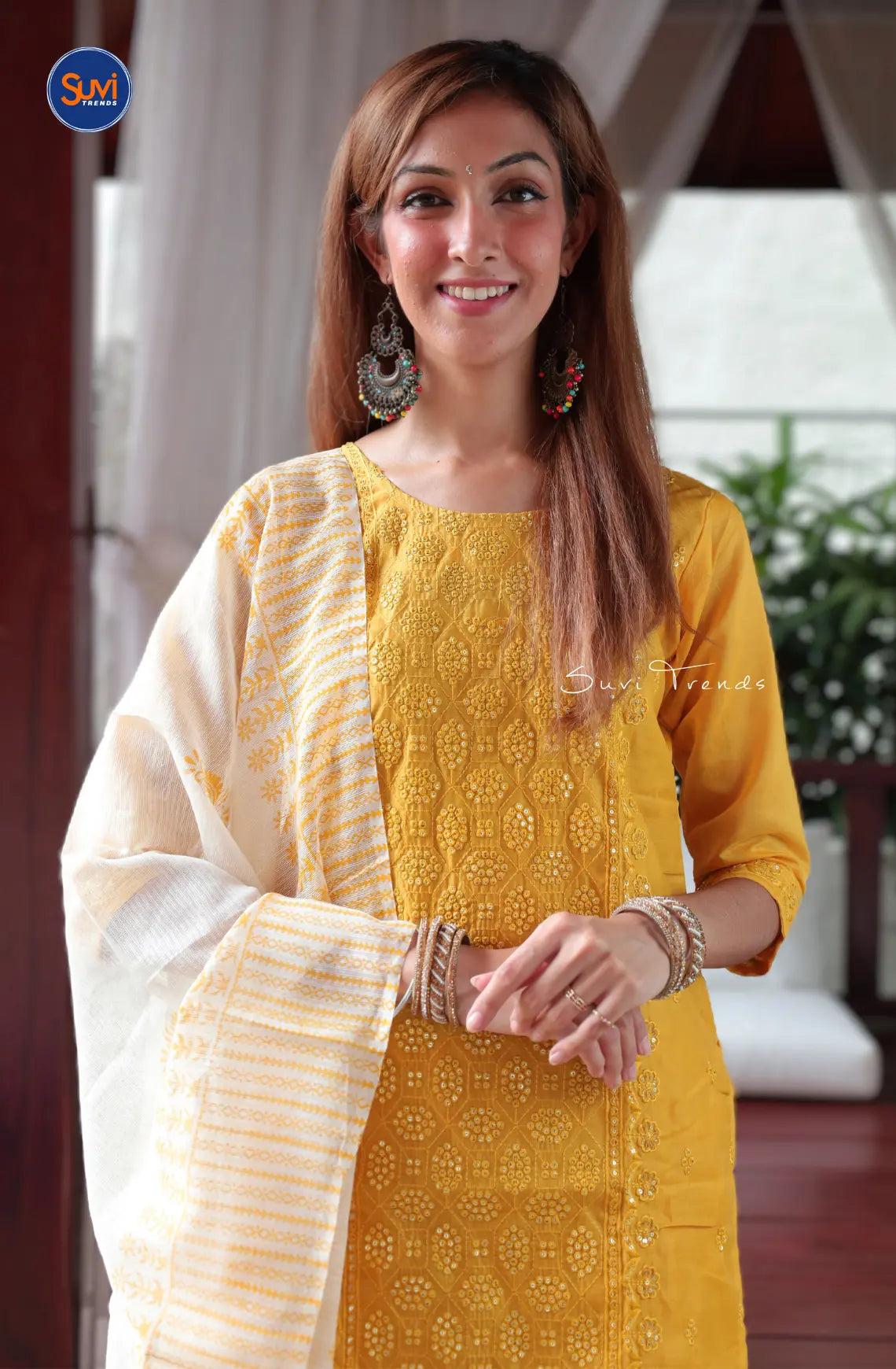 All Over Sequins Embroidered Suit Set - Yellow