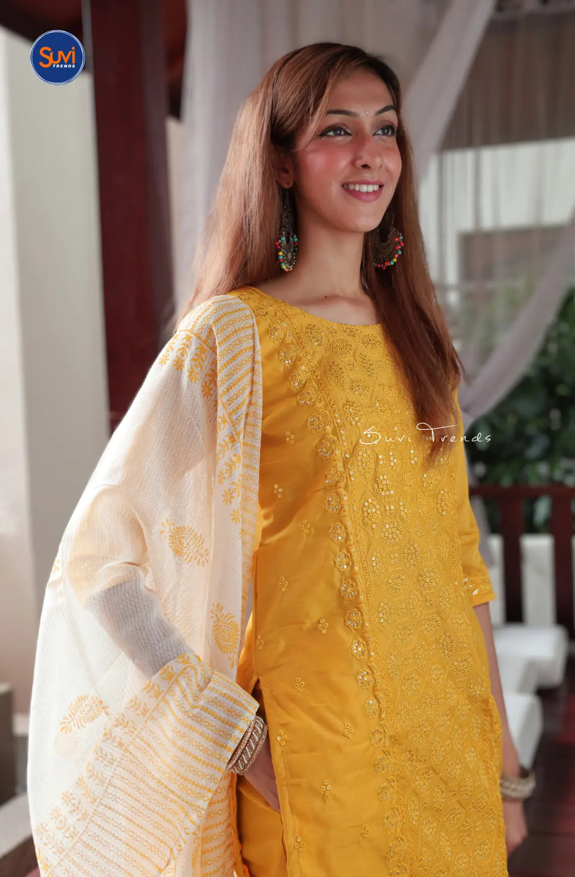 All Over Sequins Embroidered Suit Set - Yellow
