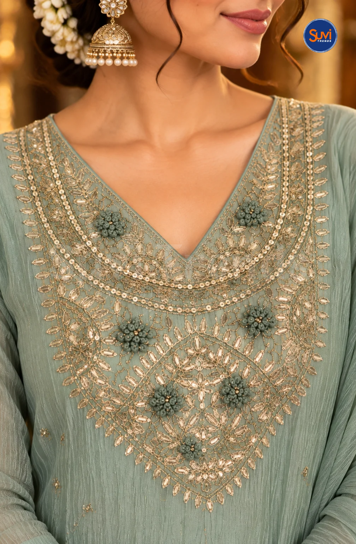 Bead Work Embroidered Suit Set - Sage Green