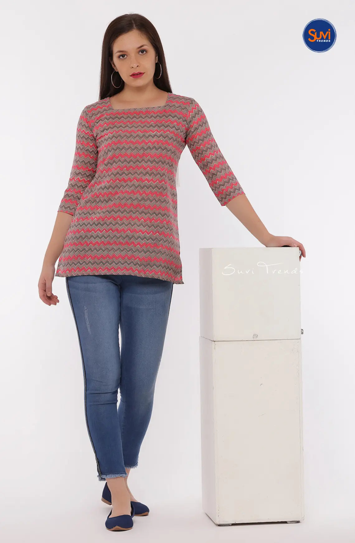 Chevron Printed Short Top - Pink & Grey