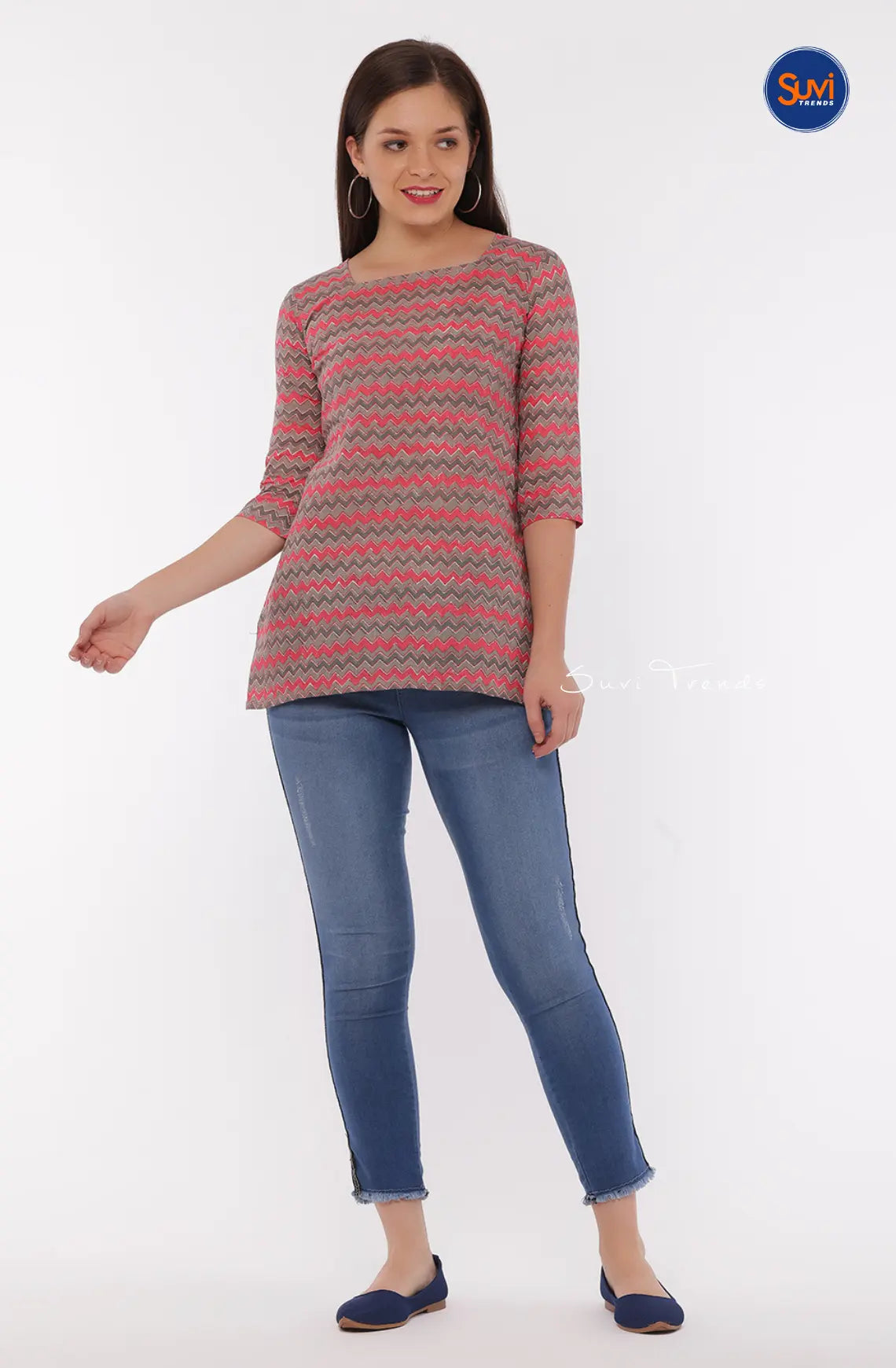 Chevron Printed Short Top - Pink & Grey