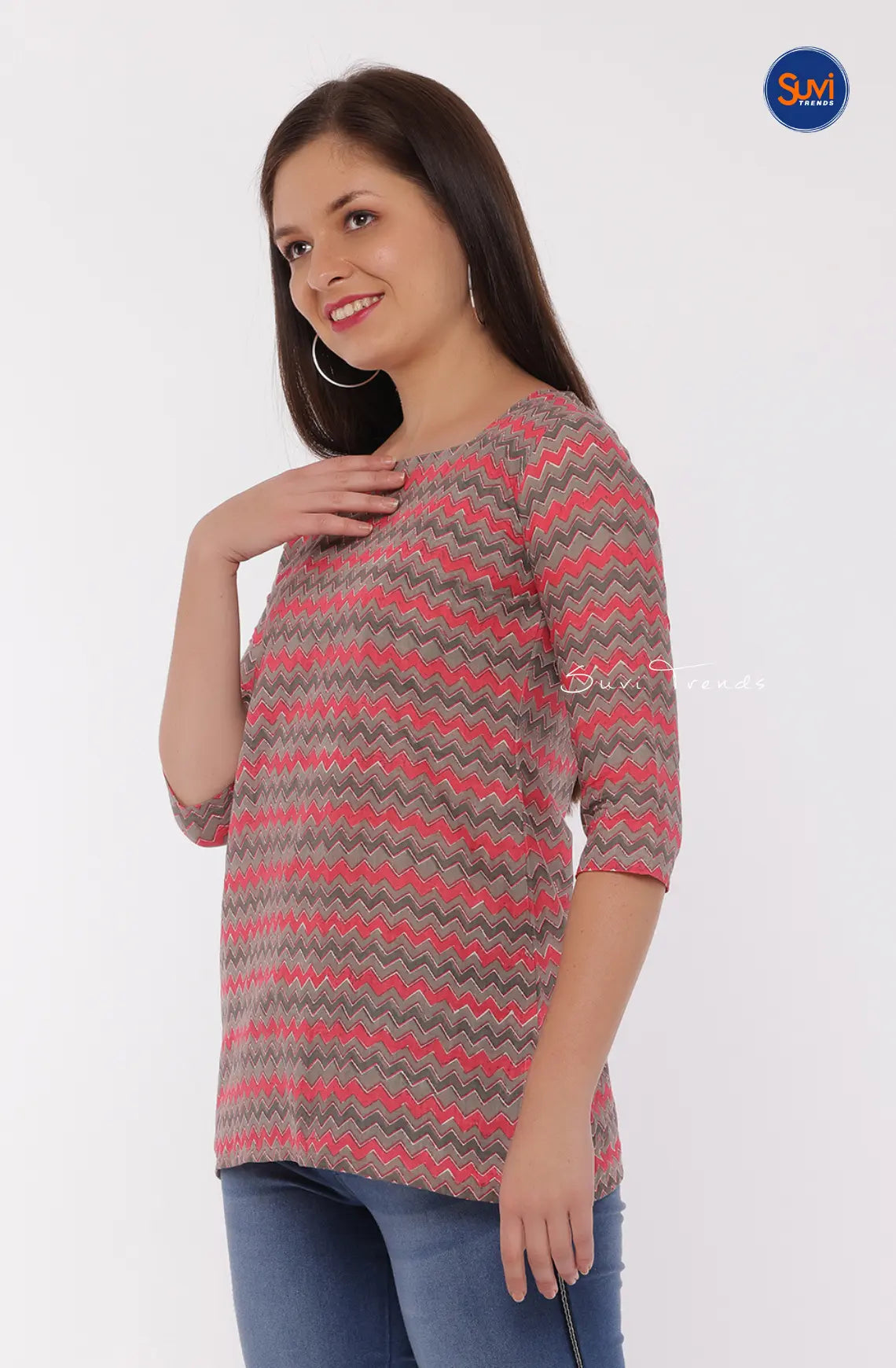 Chevron Printed Short Top - Pink & Grey
