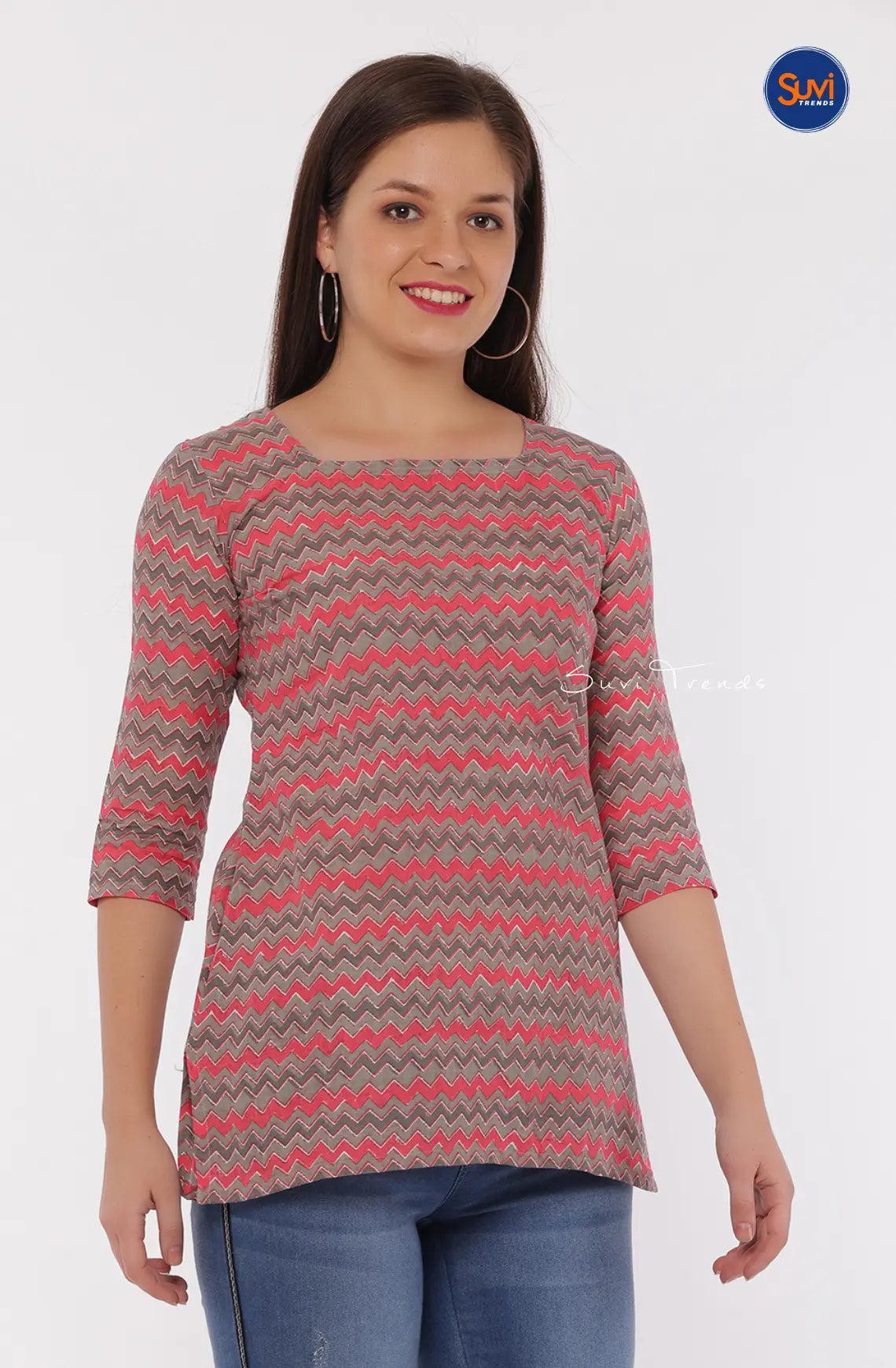Chevron Printed Short Top - Pink & Grey