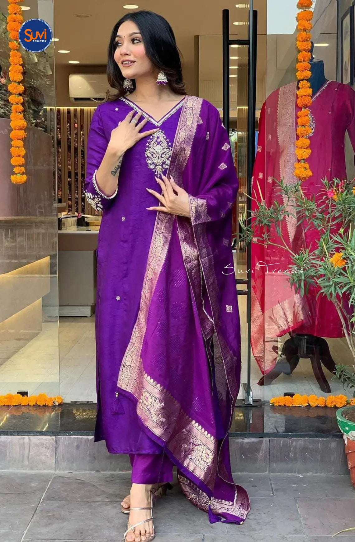 Chinnon Silk Suit Set with Hand Work - Purple