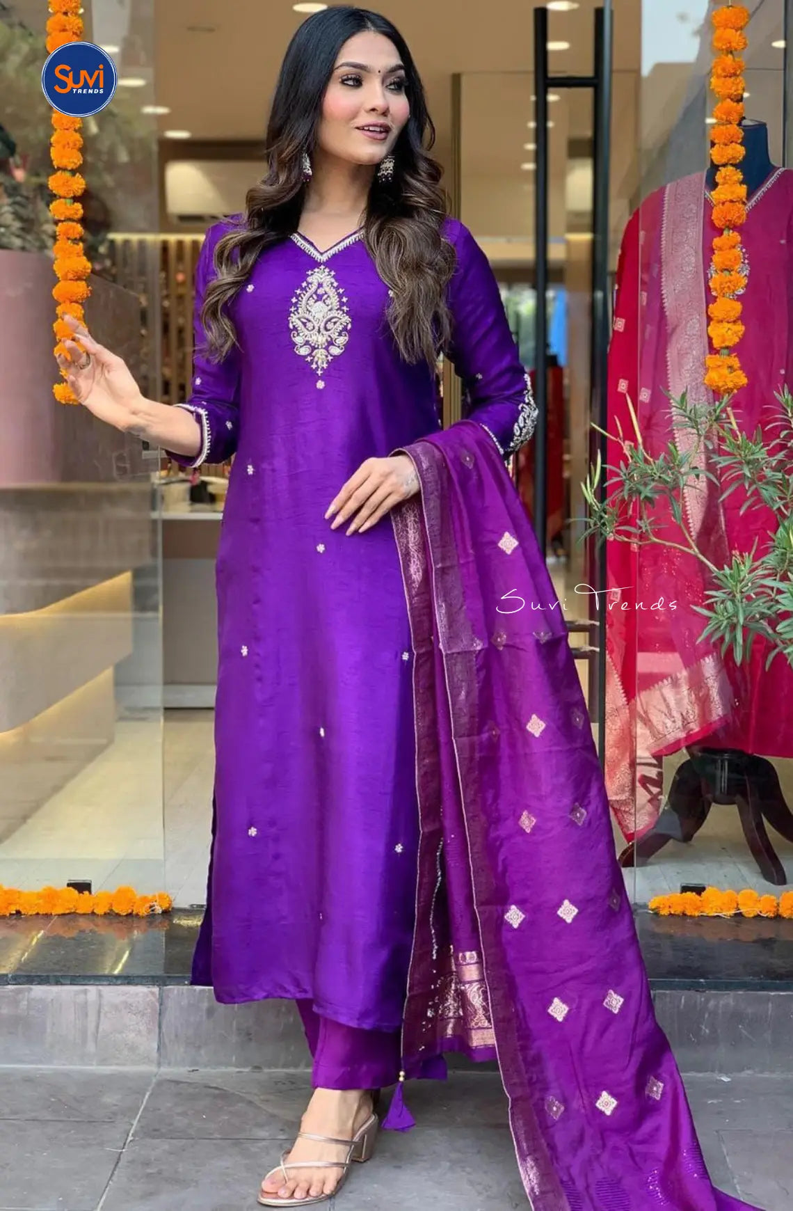Chinnon Silk Suit Set with Hand Work - Purple