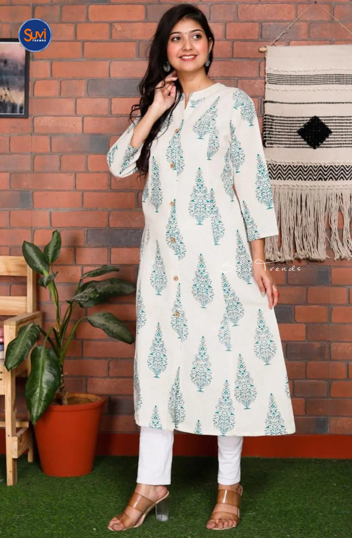 Cotton A-Line Flex Kurti - White & Turquoise