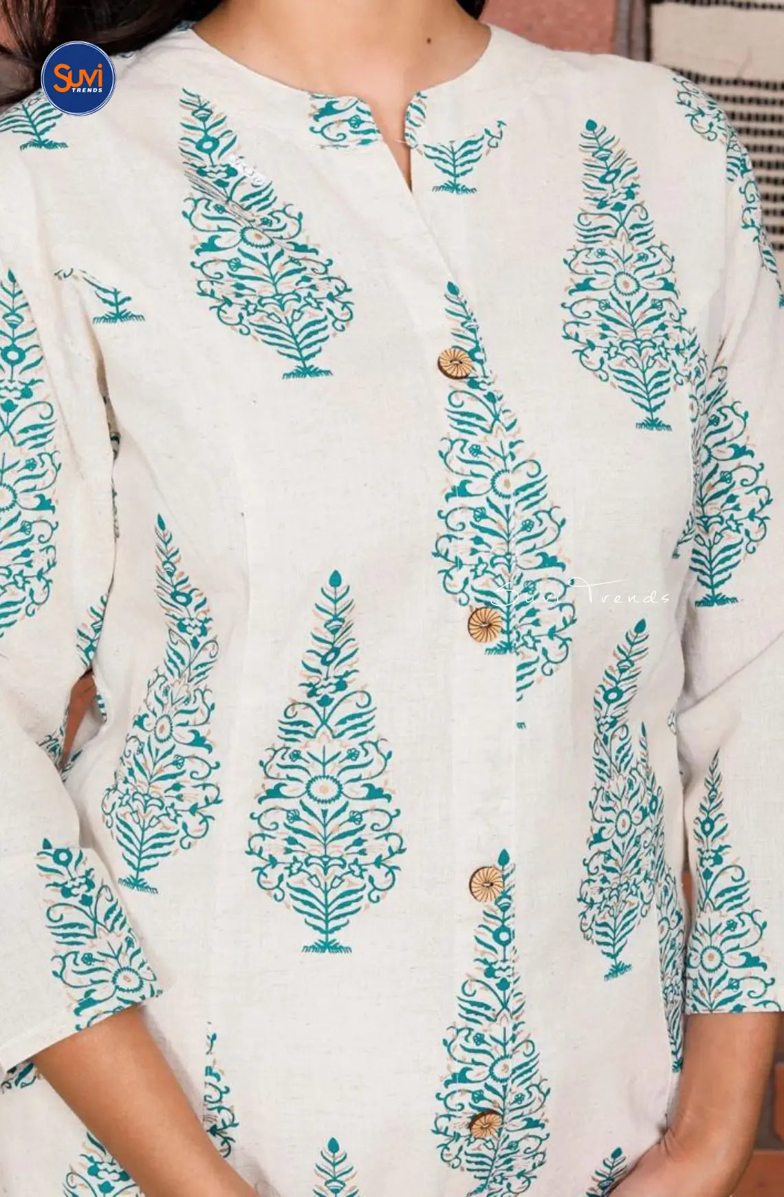 Cotton A-Line Flex Kurti - White & Turquoise