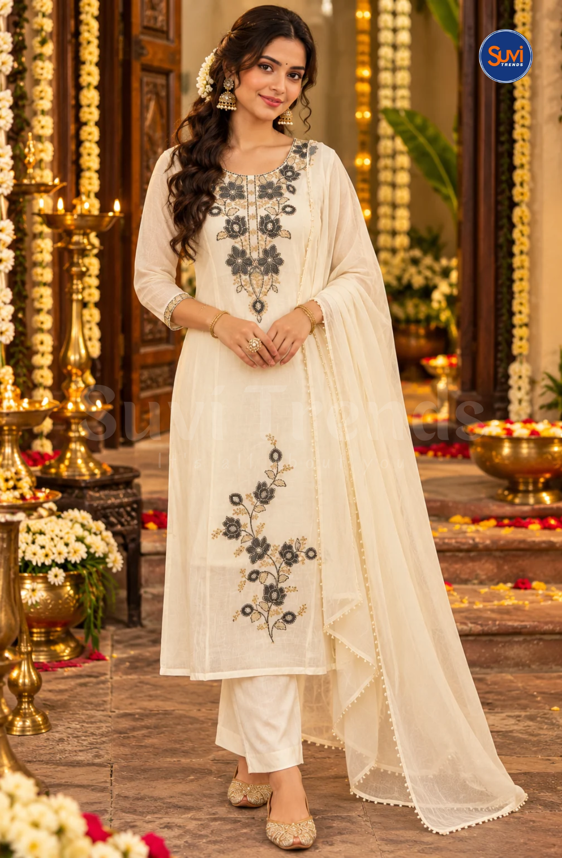 Elegant Floral Embroidery Suit Set - White