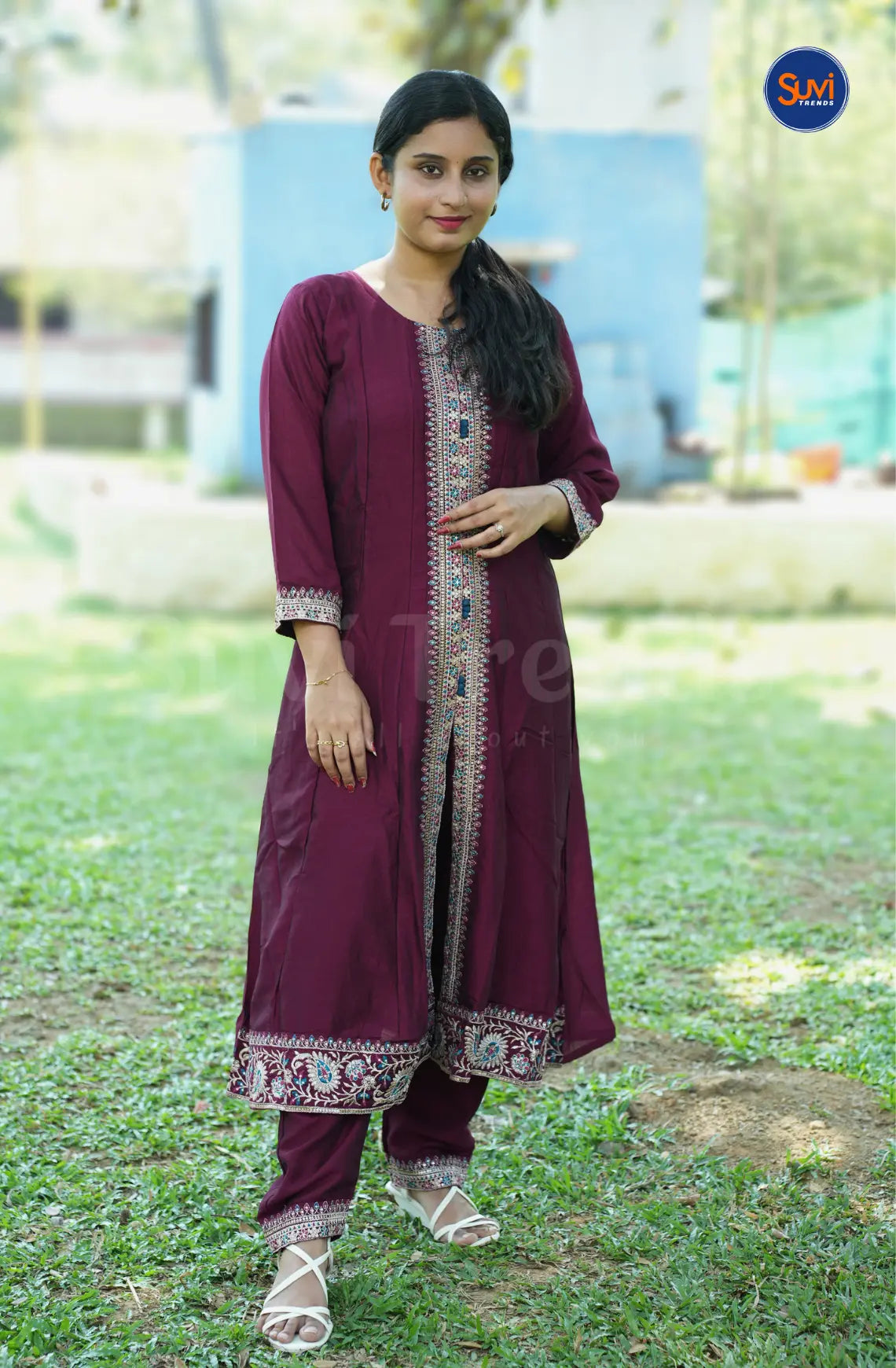 Embellished 3 Piece Silk Suit Set with Front Slit - Wine