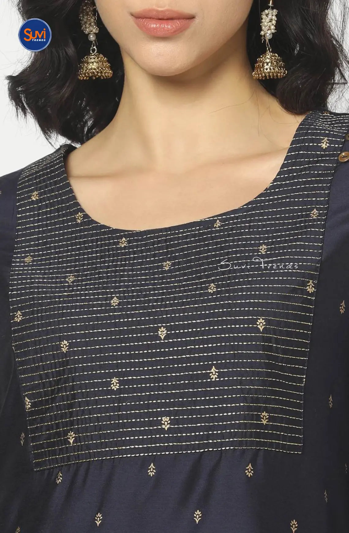 Embroidered Straight Kurta with All Over Butta - Navy Blue