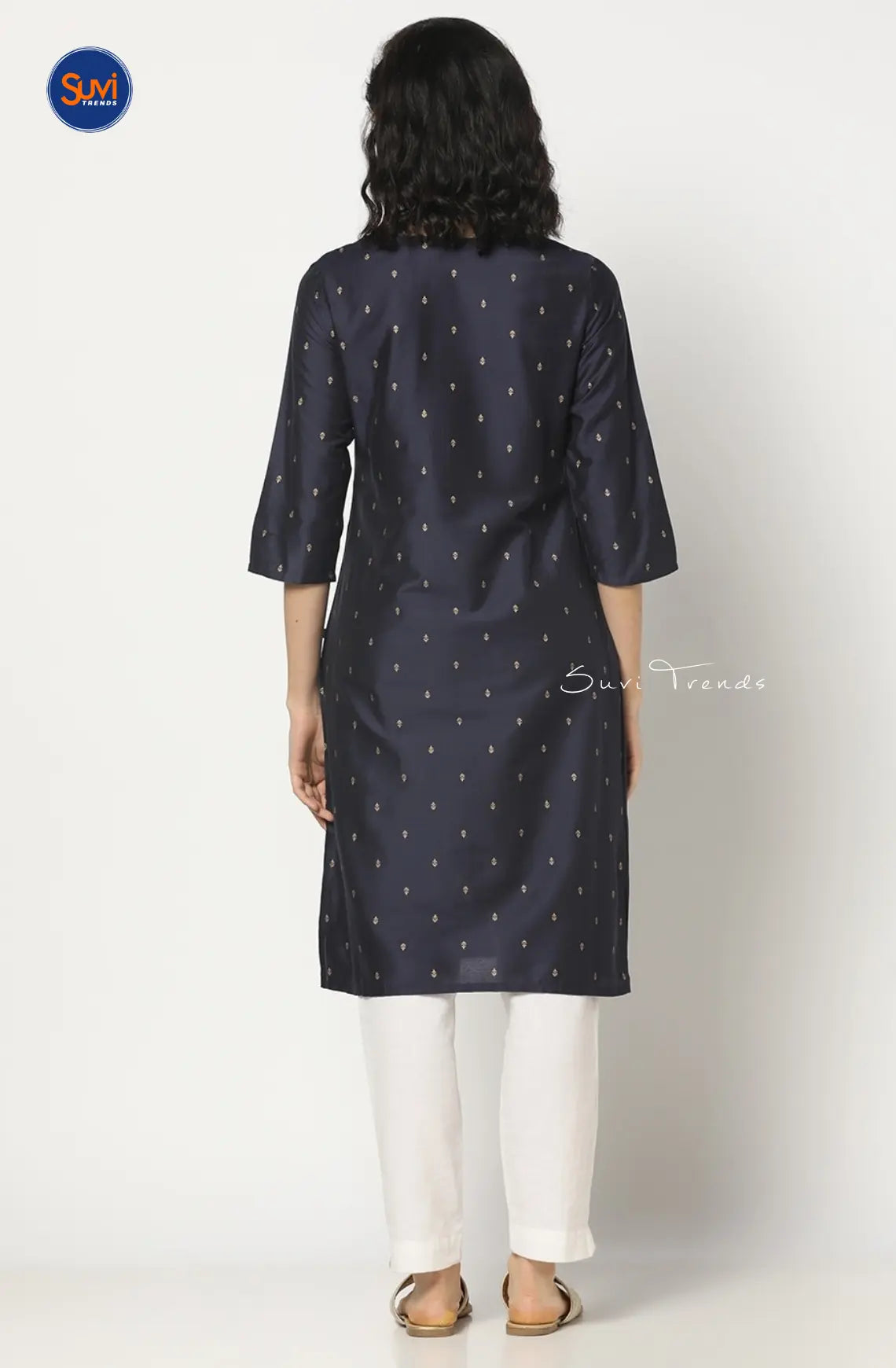 Embroidered Straight Kurta with All Over Butta - Navy Blue