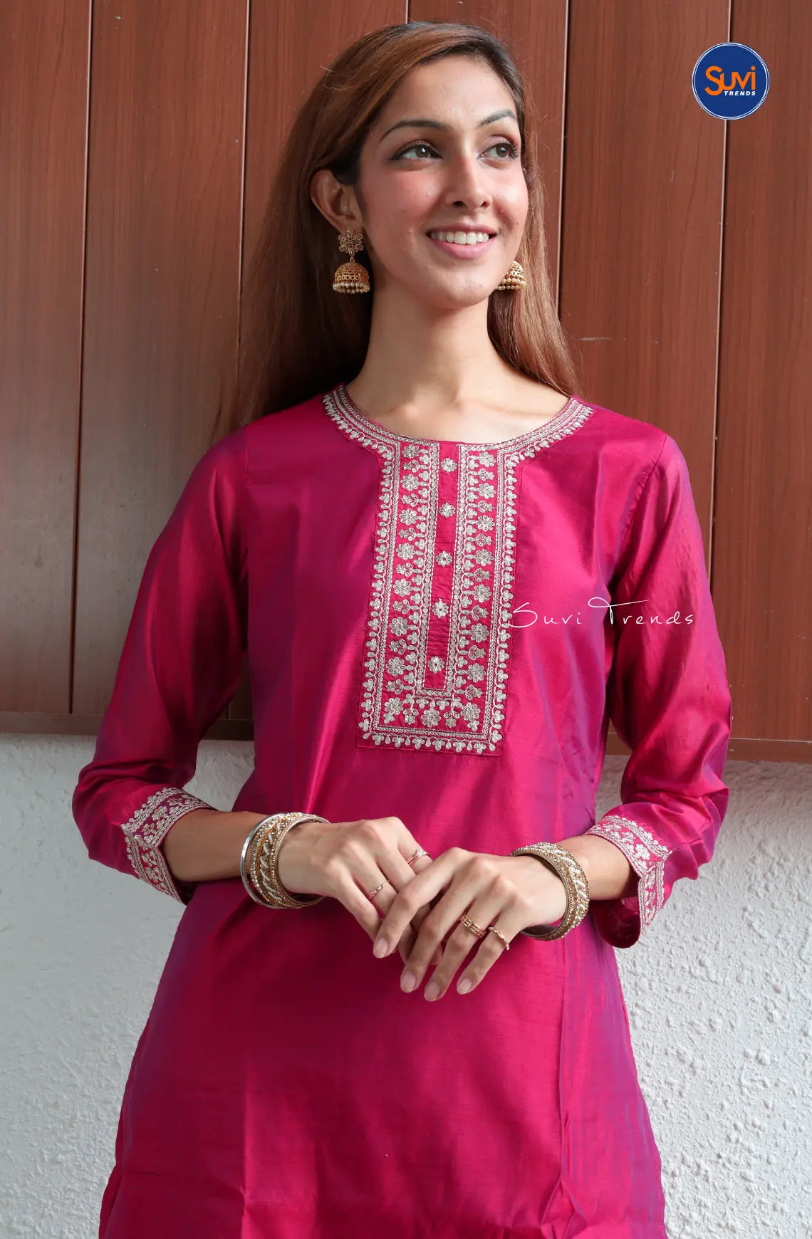 Embroidered Art Silk Kurta - Rose Pink