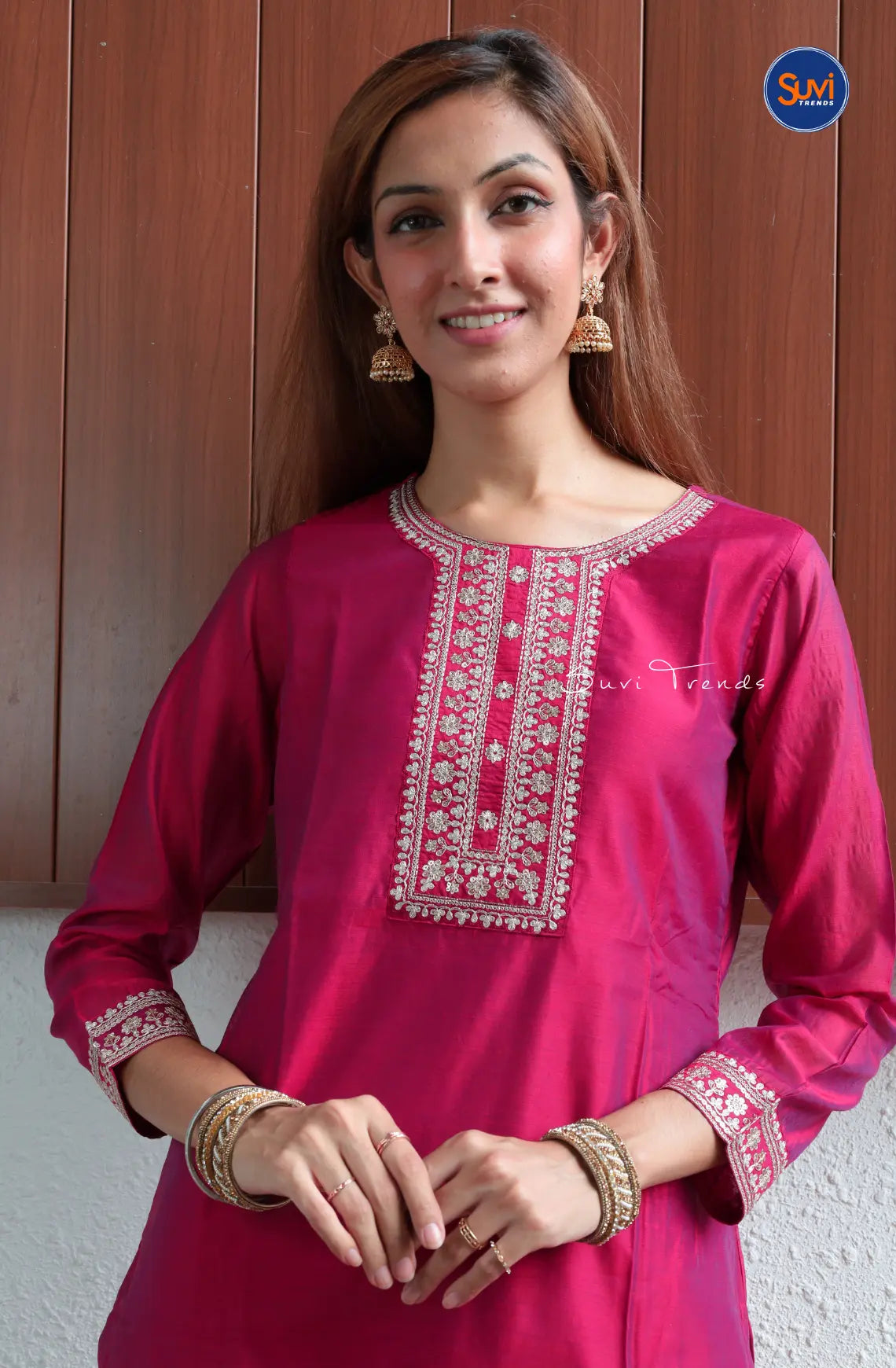Embroidered Art Silk Kurta - Rose Pink