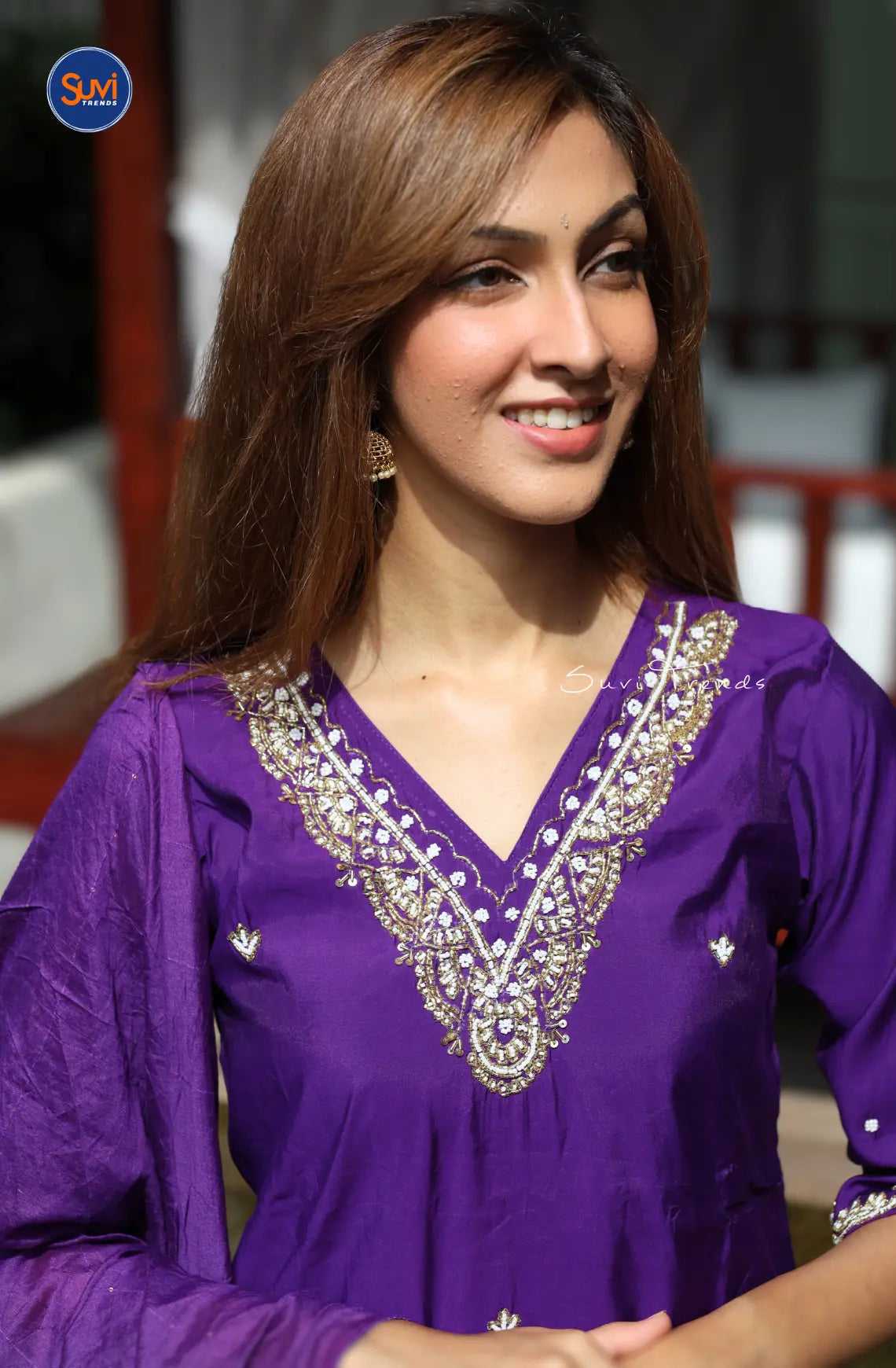 V Neck Embroidered Suit Set - Purple