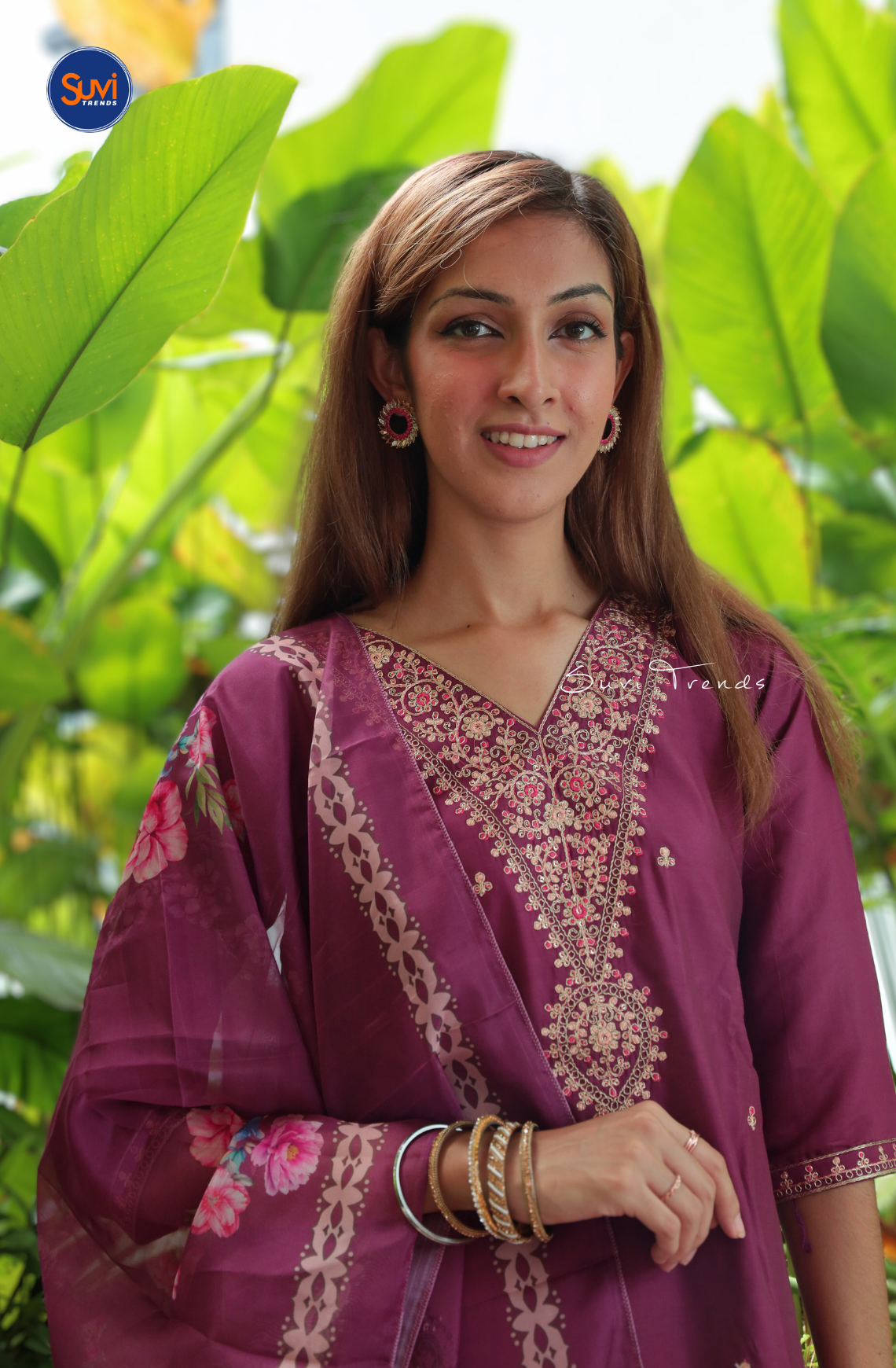 Embroidered Suit Set with Organza Dupatta - Wine