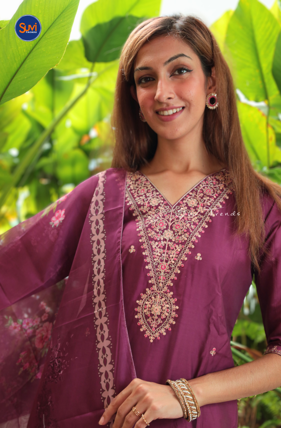 Embroidered Suit Set with Organza Dupatta - Wine