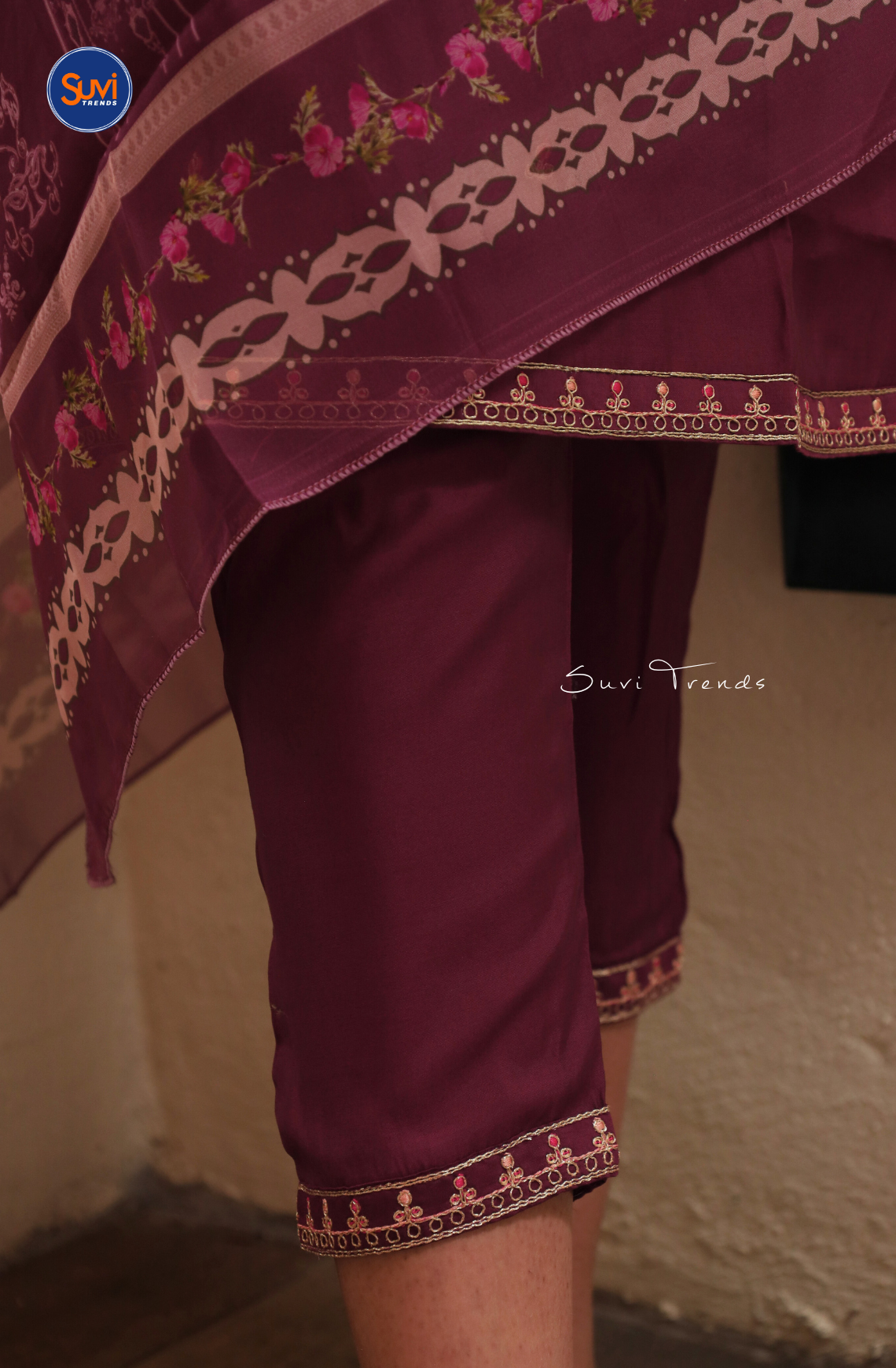 Embroidered Suit Set with Organza Dupatta - Wine