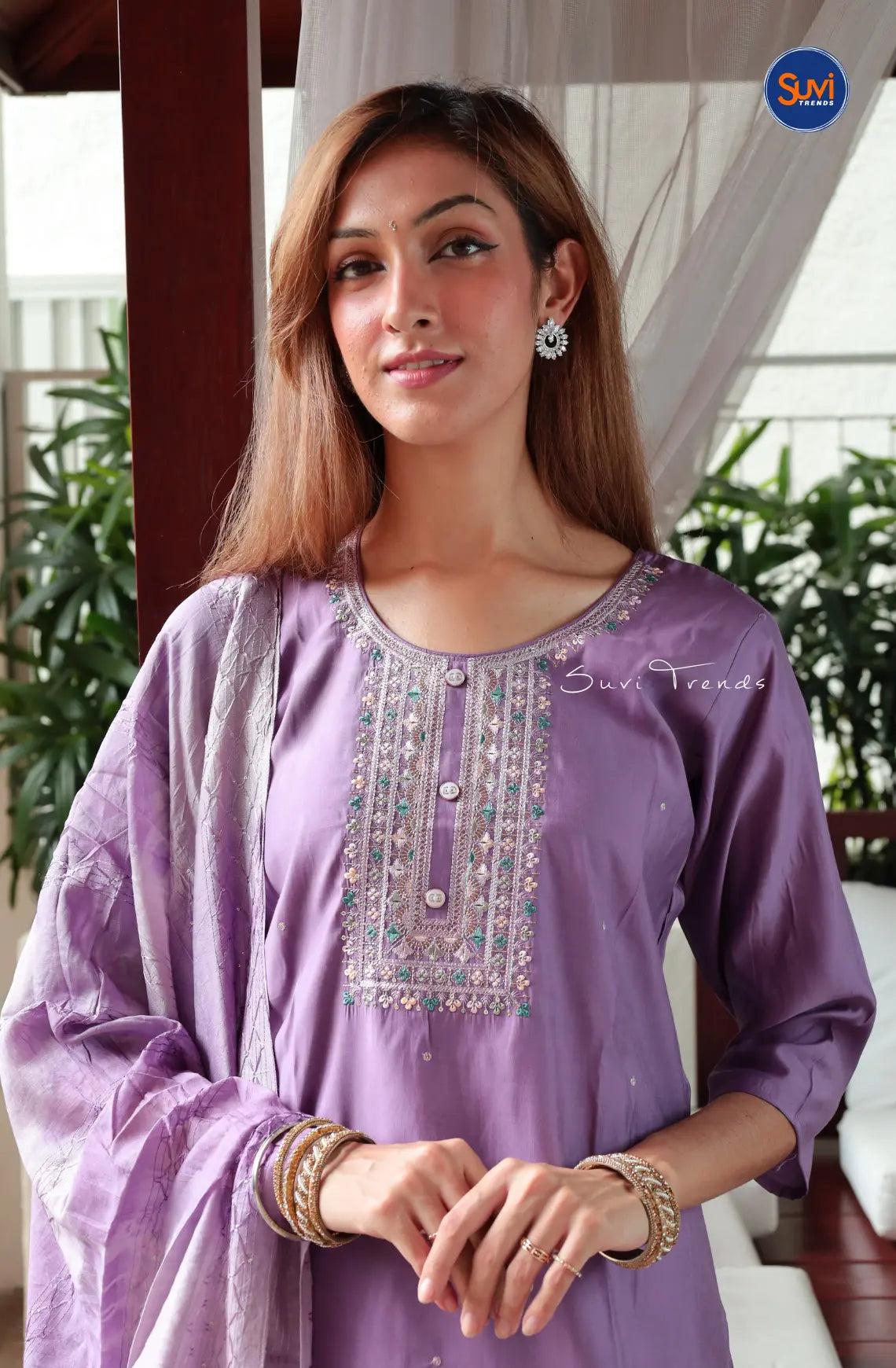 Embroidered Suit Set with Dupatta - Purple