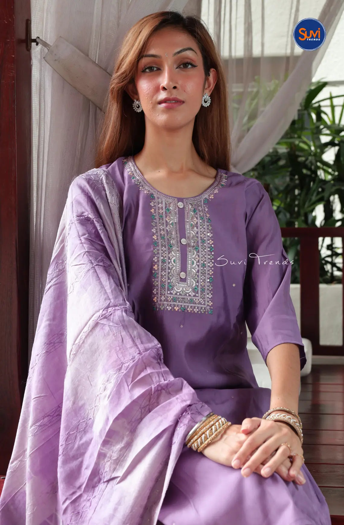 Embroidered Suit Set with Dupatta - Purple