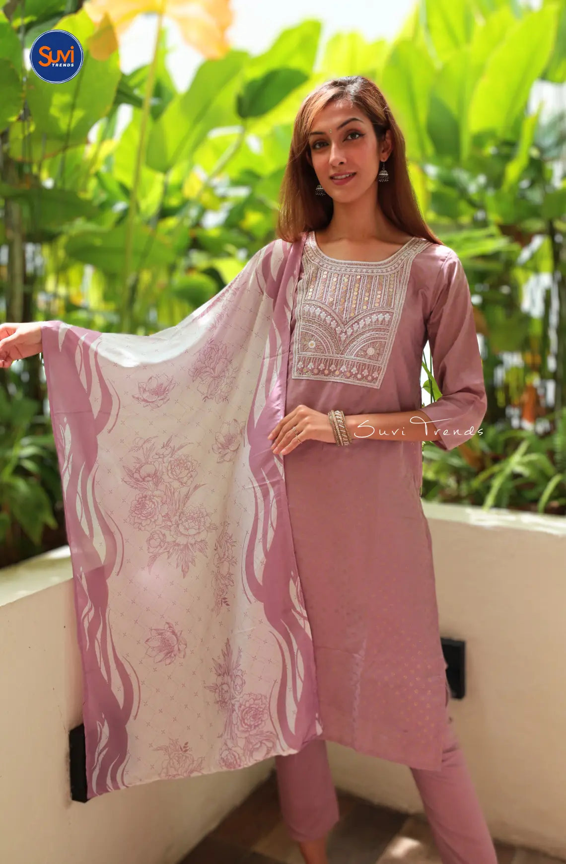 Embroidered Suit Set with Sequence Work - Lavender